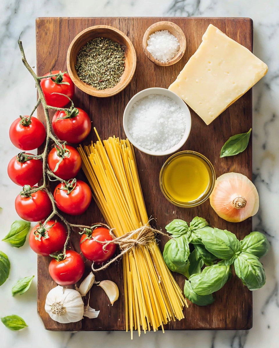 A wooden cutting board with many fresh ingredients is placed on a white marbled surface. On the bottom left, there are red cherry tomatoes on green vines. Above the tomatoes, a small wooden bowl holds dried herbs with a greenish color. Next to it is a small clear bowl filled with white salt. In the center, there is a bundle of uncooked yellow spaghetti tied with a string. Above the spaghetti, a small white bowl contains golden olive oil. To the right is a large wedge of pale yellow cheese. In the bottom right corner, fresh green basil leaves with stems are placed. Near the cheese, a whole onion with pale yellow and orange skin and a garlic bulb with some loose cloves are arranged. Scattered basil leaves add a fresh green touch. photo taken with an iphone --ar 4:5 --v 7