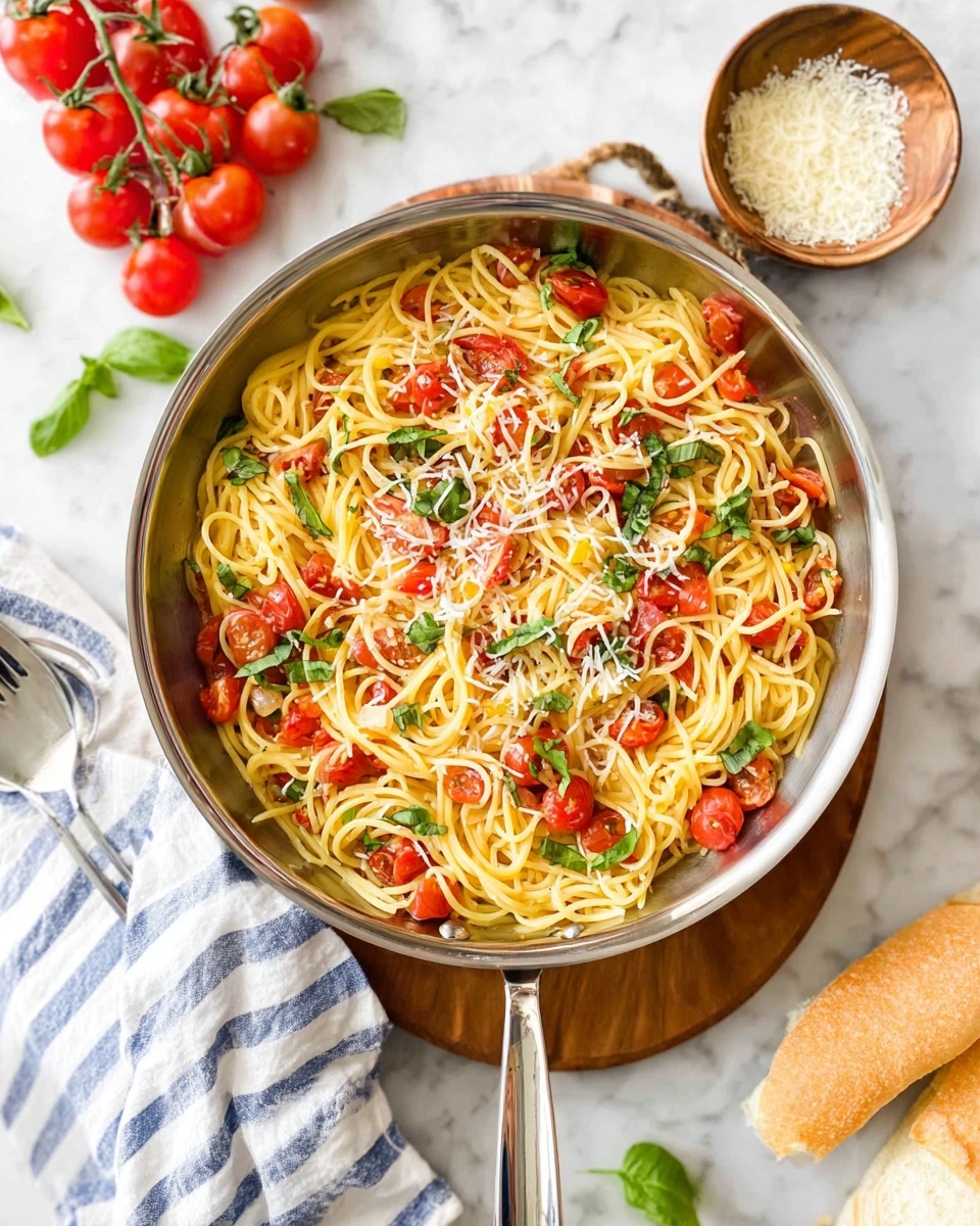 A shiny silver pan filled with cooked yellow pasta mixed with bright red cherry tomato pieces and green basil leaves, topped with light shreds of white cheese scattered over the top; the pan sits on a wooden board against a white marbled surface, with a bunch of fresh cherry tomatoes on the vine nearby and a small wooden bowl of grated white cheese to the side; a white cloth with blue stripes and pieces of bread rest at the corner, and a few basil leaves are scattered around. photo taken with an iphone --ar 4:5 --v 7