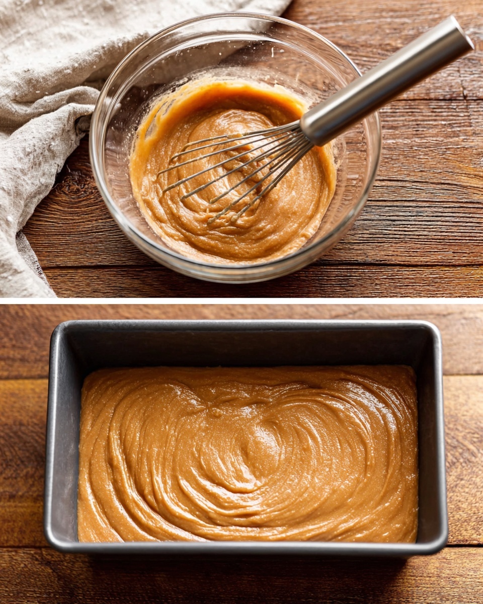 Two images show a thick, smooth batter that is light brown with a slightly glossy texture. The first image has a clear glass bowl filled with the batter, with a shiny silver whisk swirling inside it. The batter forms circular patterns around the whisk. The second image shows a dark gray loaf pan filled with the same batter, spread in an even layer with gentle swirls on the surface. Both items rest on a wooden tabletop, and a light cloth is partly visible on the top left corner. The light in the images is soft and natural, highlighting the batter’s smooth texture. photo taken with an iphone --ar 4:5 --v 7