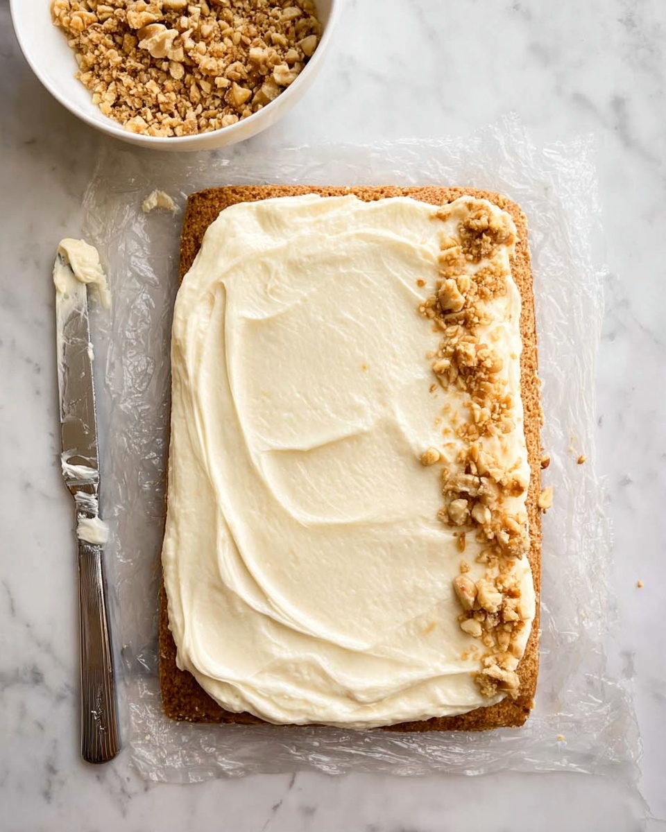 A rectangular light brown cake layer on a clear plastic wrap is shown with a thick, smooth layer of white cream spread evenly on top. There are small bits of crushed nuts scattered on the lower right part of the cream. To the left side, there is a white bowl filled with more crushed nuts and a metal knife with cream on it resting beside the cake. The surface beneath is a white marbled texture. Photo taken with an iphone --ar 4:5 --v 7