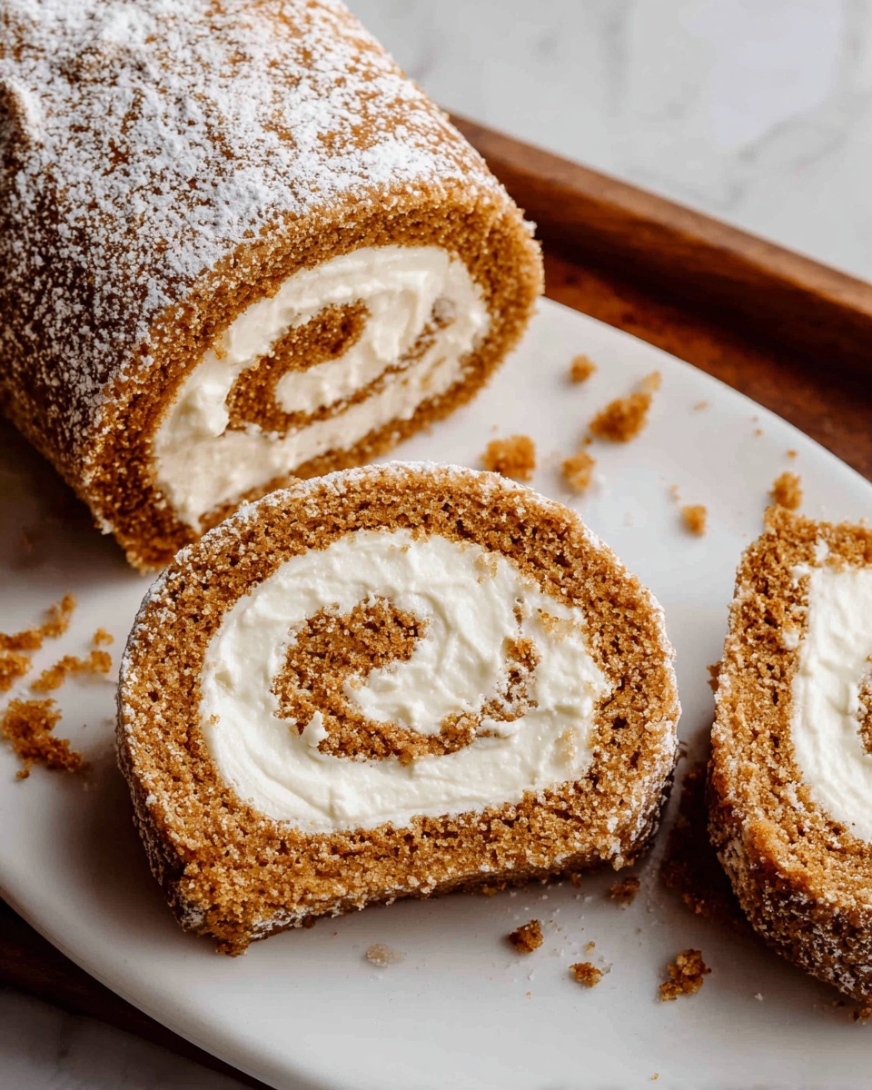 The image shows slices of a rolled cake with two main layers: a thin, textured light brown outer cake layer and a smooth, creamy white inner layer swirled around the center. The cake appears soft with a slightly crumbly texture, while the white cream looks thick and velvety. The slices rest on a white plate that sits on a white marbled surface. There are some crumbs scattered around the slices, and part of the roll is still whole, dusted with powdered sugar. photo taken with an iphone --ar 4:5 --v 7
