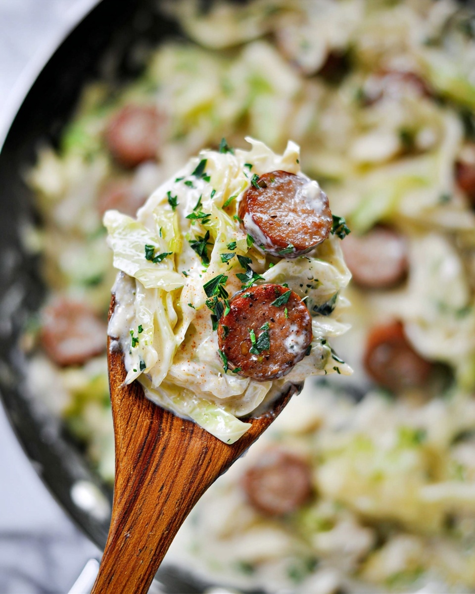 A close-up view of a black pan filled with a creamy dish consisting of several layers: the first layer has white and light green cabbage pieces with a soft and slightly wilted texture, the second layer features slices of browned sausage with a glossy reddish-brown surface, all covered in a thick light cream sauce. The dish is sprinkled with small green herb pieces scattered evenly on top. The pan is placed on a white marbled surface with fresh green herbs partially visible at the top left corner of the image. Photo taken with an iphone --ar 4:5 --v 7