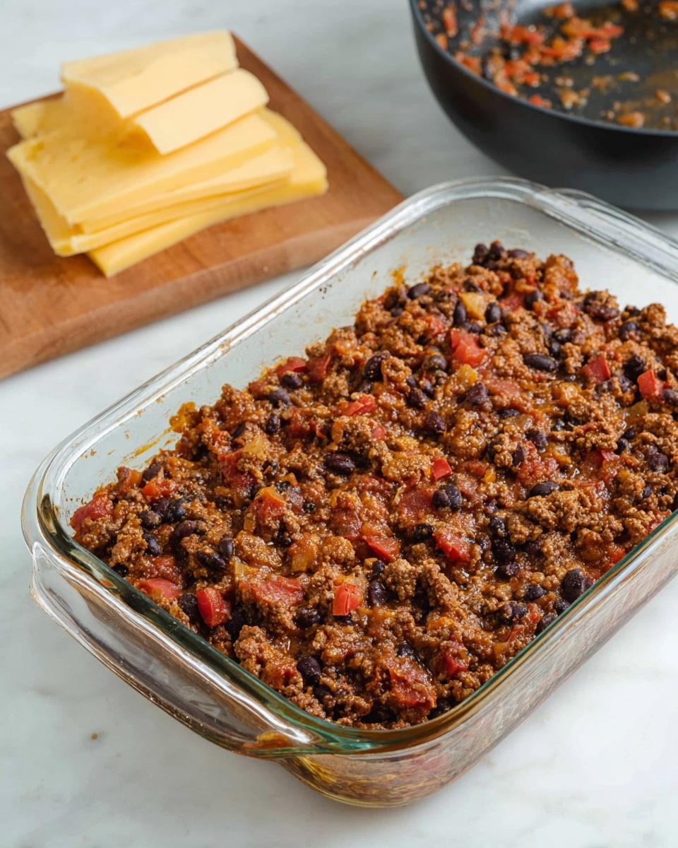 A clear glass rectangular baking dish holds one thick layer of cooked mixture made of browned ground meat, black beans, diced red tomatoes, and small bits of onion, all combined evenly with a slightly moist texture. The dish is placed on a white marbled surface, near a wooden cutting board with slices of marbled yellow and white cheese stacked neatly on one corner. In the background, a black pan with some leftover sauce rests on the white marbled surface. Photo taken with an iphone --ar 4:5 --v 7