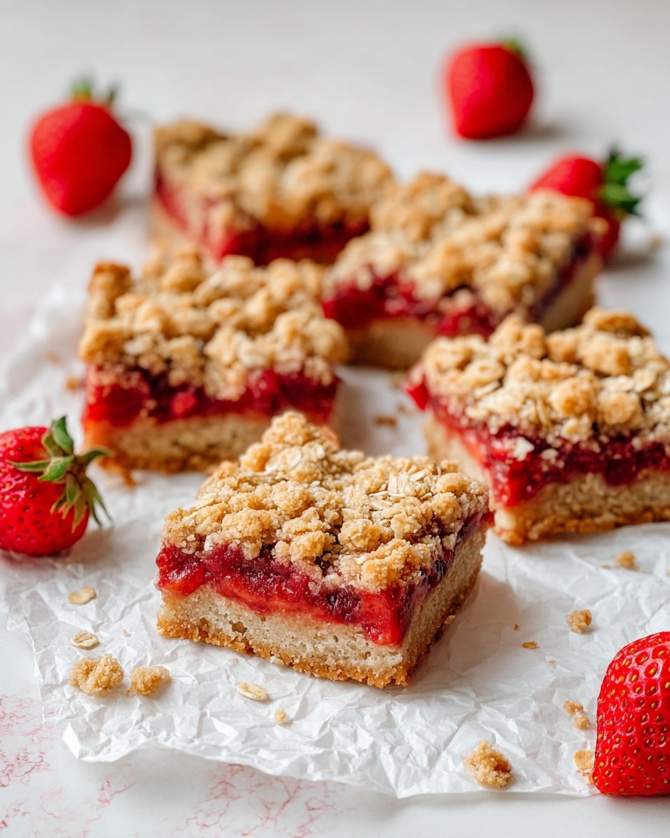 The image features six square slices of strawberry crumble bars arranged on crinkled white parchment paper over a white marbled surface. Each bar has three visible layers: a thick, light tan base with a soft texture, a middle layer of bright red and pink strawberry filling, and a top layer of chunky, golden-brown oat crumble that looks crisp and uneven. Some oat pieces are scattered around the bars along with fresh whole strawberries with vibrant red color and green stems, placed softly around the bars. The overall setting is bright with soft natural light enhancing the textures and colors of the dessert. Photo taken with an iphone --ar 4:5 --v 7