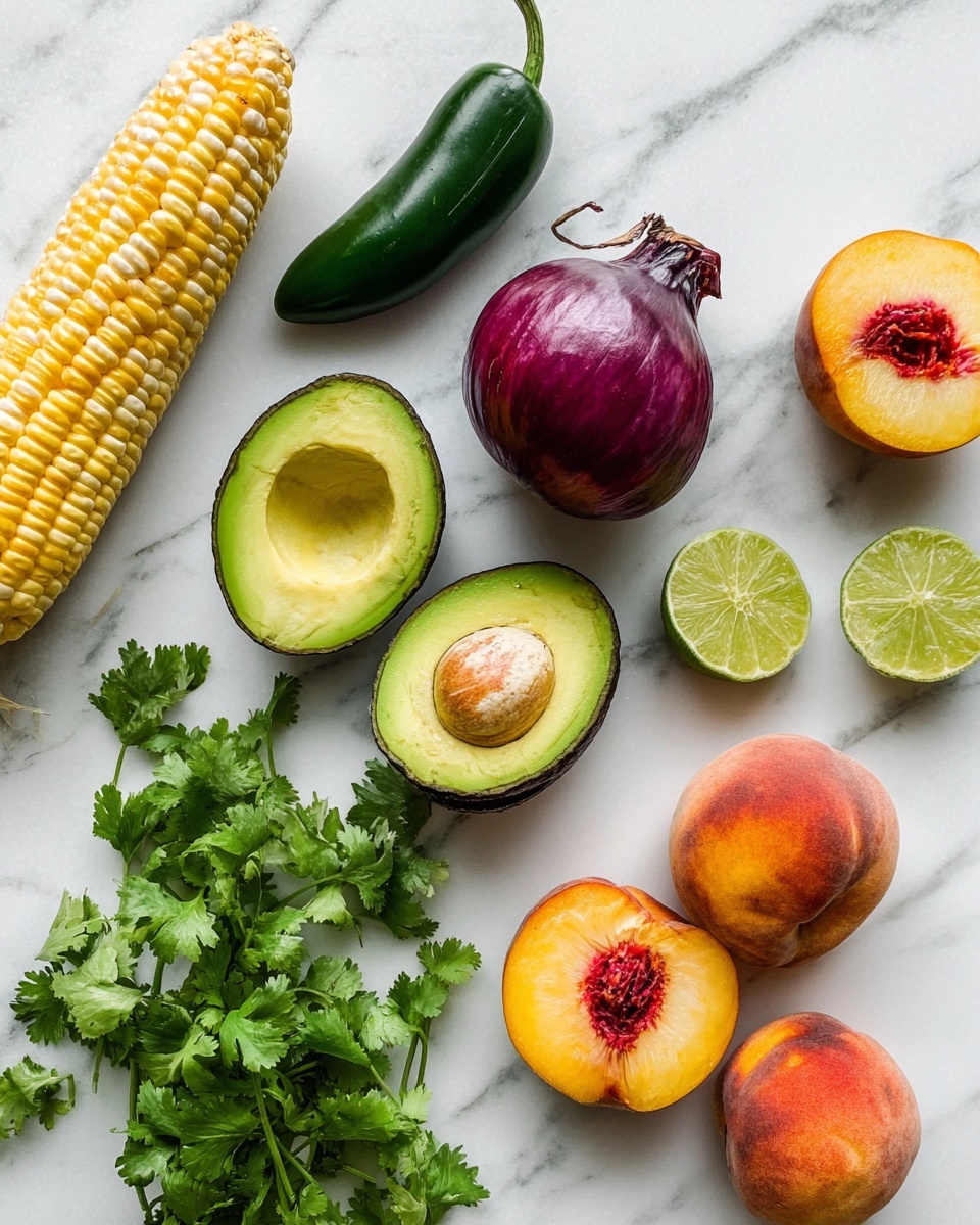 The image shows fresh ingredients laid out on a white marbled surface, including two halves of an avocado with bright green flesh and one seed, a whole purple onion, two dark green jalapeño peppers, an ear of yellow corn partially in its husk, two whole peaches with reddish-orange skin, and two peach halves revealing orange flesh with red pits inside. There is also a bunch of fresh cilantro with bright green leaves and two lime halves with light green flesh. The ingredients are spaced apart and placed in an organized, neat manner. photo taken with an iphone --ar 4:5 --v 7