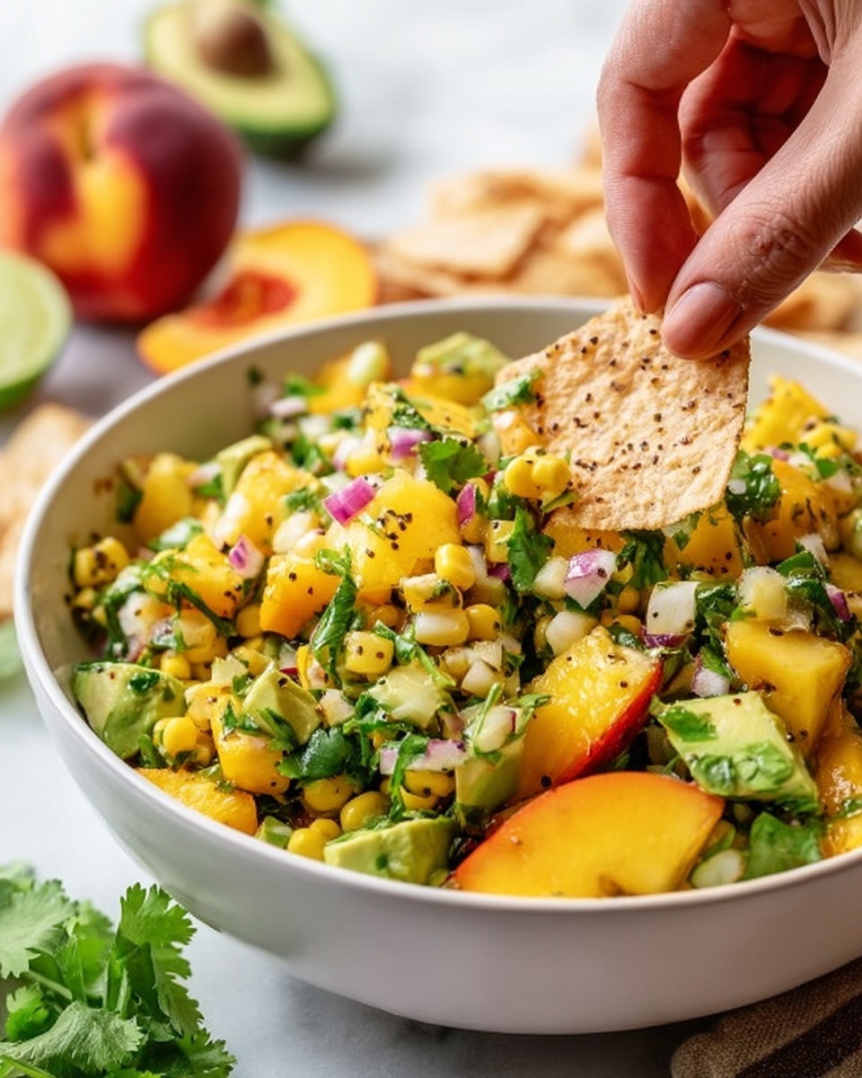 A white bowl filled with a colorful fresh salsa showing three main layers: bright yellow peach chunks, creamy light green avocado pieces, and small pale yellow corn kernels, all mixed with finely chopped red onion and green cilantro leaves that add a leafy texture, with a silver spoon sticking out from the right side; next to the bowl on a white marbled surface, a halved peach with visible seed, some scattered triangular yellow corn chips with black specks, and sprigs of fresh cilantro are placed around, all resting on a lightly wrinkled blue and white striped cloth; a white plate at the bottom right holds more yellow corn chips in a pile photo taken with an iphone --ar 4:5 --v 7