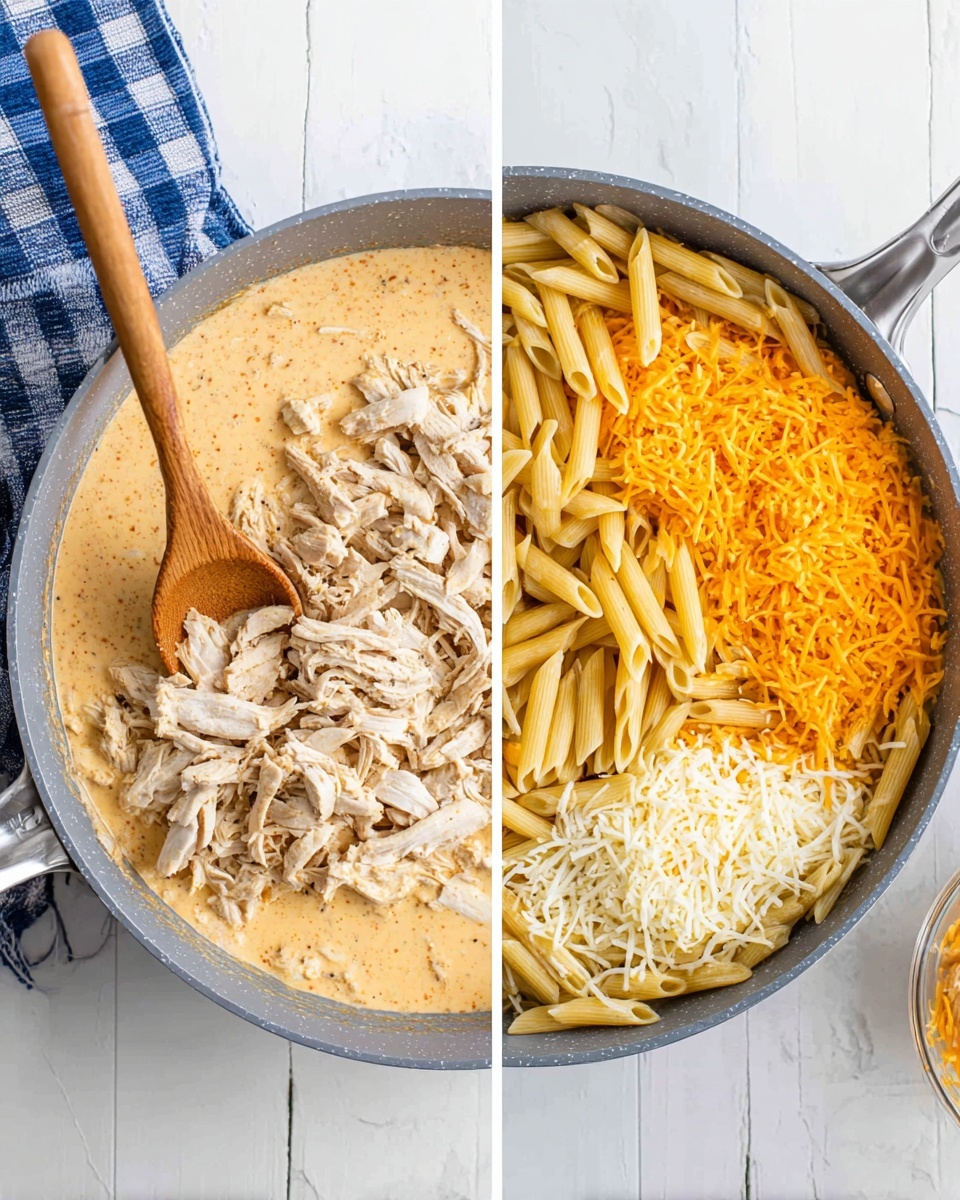 The image shows two side-by-side shots of a gray pan on a white marbled surface with a blue checkered cloth nearby. In the left pan, there is a creamy light orange sauce covering the bottom, topped with a layer of shredded cooked chicken that is pale brown and white. A wooden spoon rests inside, partially submerged in the sauce. In the right pan, the sauce is the base layer again, with three fresh layers added on top—the upper right side is filled with short, pale yellow penne pasta, the top left side holds bright orange shredded cheese, and below it, a smaller pile of white shredded cheese. The wooden spoon lies among the layers. Photo taken with an iphone --ar 4:5 --v 7