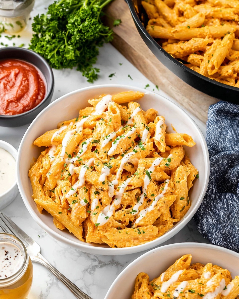 Close-up view of a creamy cooked penne pasta dish in a pan with shredded tender chicken mixed in. The pasta is coated in a smooth, light orange sauce with a slightly thick texture. Small green parsley leaves are scattered on top, adding spots of fresh color. A wooden spoon lifts some pasta and chicken from the pan, showing the creamy sauce clinging to each piece. The pan has a soft blue interior and sits on a white marbled surface. photo taken with an iphone --ar 4:5 --v 7