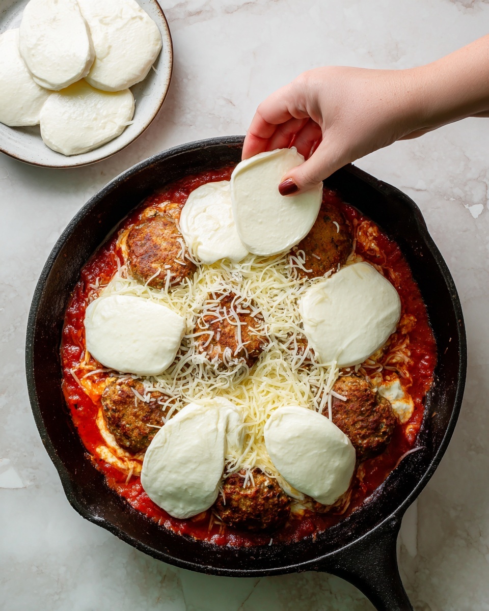 A close-up view of a black cast iron pan filled with a layered dish starting with a bright red tomato sauce base, topped with browned, crispy-looking round patties, sprinkled with shredded pale yellow cheese, and large white smooth oval slices of fresh mozzarella cheese placed on top. A woman's hand is placing another slice of mozzarella onto the dish. In the upper left corner, a small white plate holds more mozzarella slices. The pan and plate sit on a white marbled surface. photo taken with an iphone --ar 4:5 --v 7
