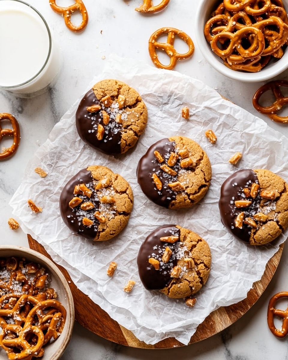 A stack of five golden brown cookies is arranged vertically on a piece of white parchment paper placed on a wooden board. Each cookie is dipped halfway in smooth, dark chocolate, and the chocolate-covered part is topped with small pieces of crunchy pretzel. Some loose cookie pieces and pretzels are scattered around the base, adding texture to the scene. In the soft background, a glass of white milk and a white bowl sit on a white marbled surface, creating a simple and clean setting. photo taken with an iphone --ar 4:5 --v 7