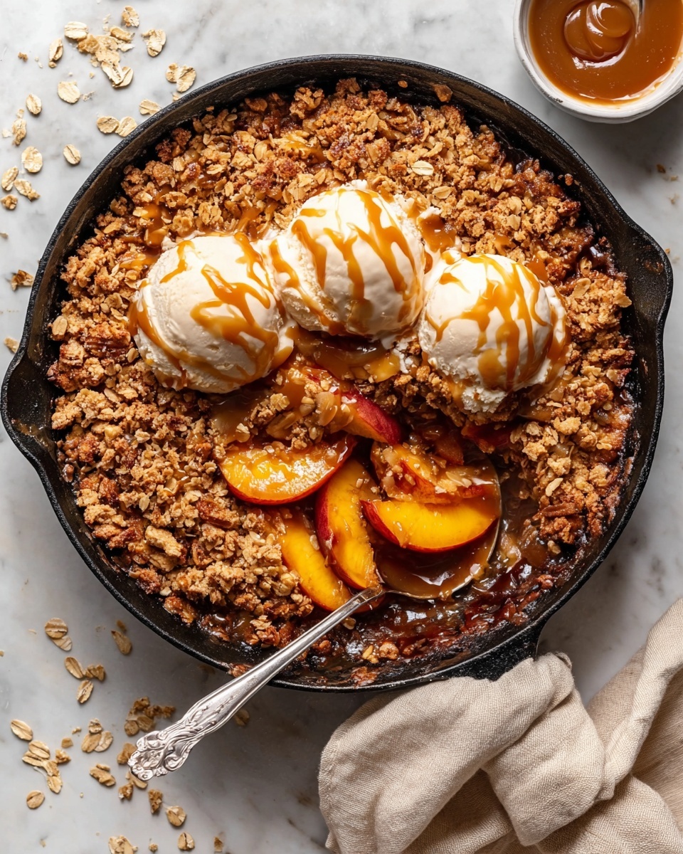 The image shows a black cast iron skillet filled with a fruit crisp dessert. The bottom layer has soft, baked peach slices in a syrupy sauce with a golden brown color. On top of the fruit is a thick layer of coarse, golden oat crumble with a crisp texture. Three rounded scoops of creamy, white vanilla ice cream sit on the crumble, slightly melting into the warm dessert. A silver spoon is lifting rich, dark caramel sauce above the ice cream, gently dripping it onto the dish. The skillet rests on a soft beige cloth over a white marbled surface, and a white cup with some caramel sauce residue is visible in the background. Photo taken with an iphone --ar 4:5 --v 7