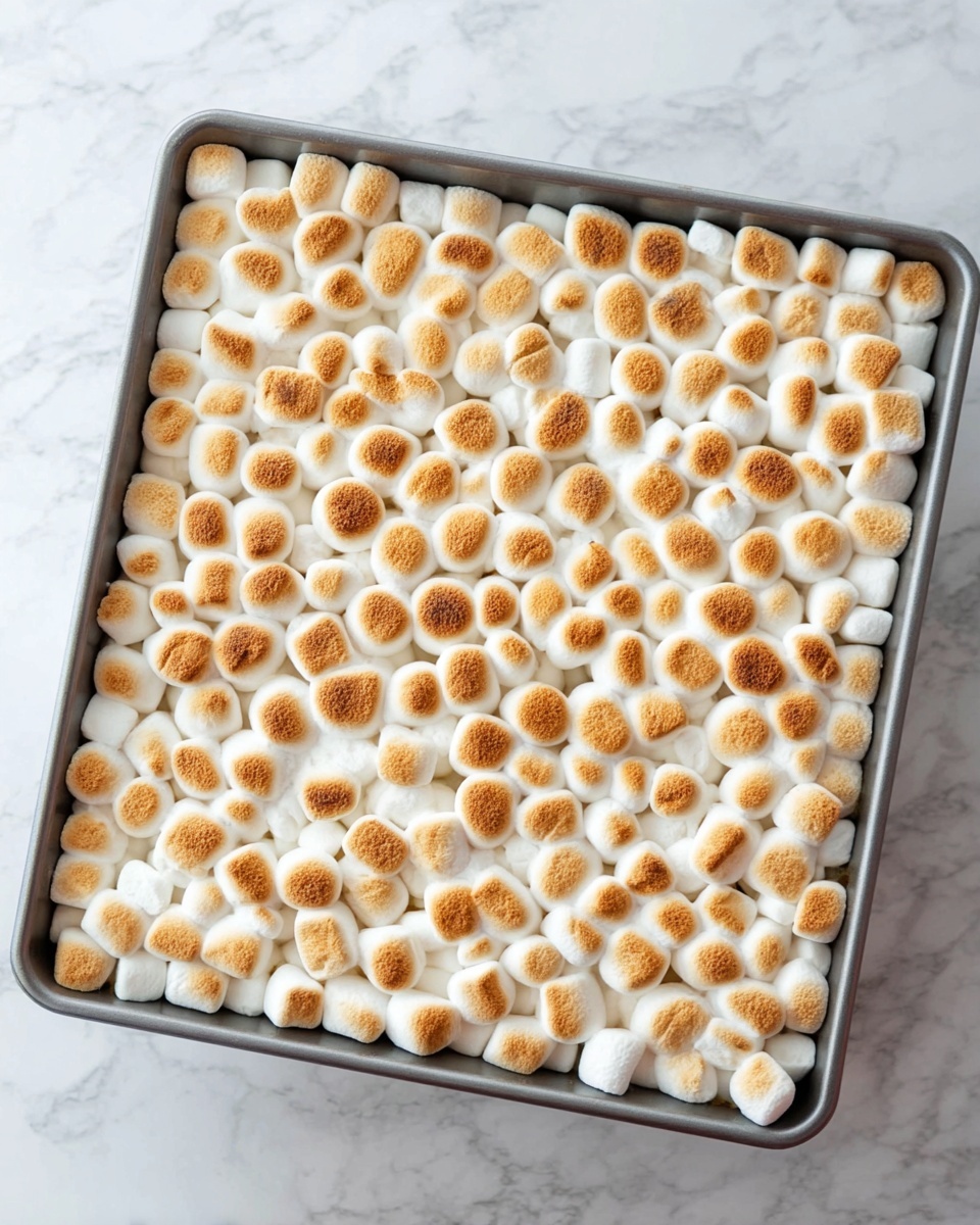 A square metal baking pan filled with a single layer of small white marshmallows evenly toasted on top, showing light golden brown spots and a slightly cracked texture on some marshmallows, arranged closely together to cover the entire top surface, all placed on a white marbled surface photo taken with an iphone --ar 4:5 --v 7