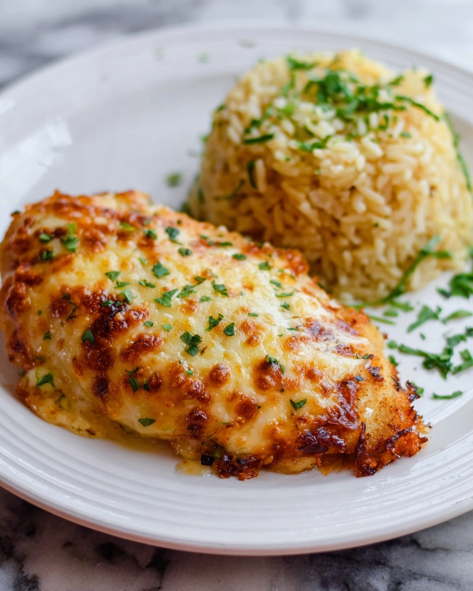 A white plate with a round edge holds two main items: on the left, a large piece of chicken covered in golden brown melted cheese with crispy, darker browned spots and sprinkled with small green herb pieces; on the right, a mound of light yellow rice mixed with fresh green parsley bits. The plate is set on a white marbled surface. photo taken with an iphone --ar 4:5 --v 7