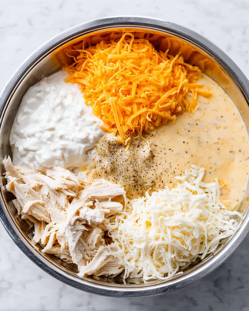 The image shows a metal bowl on a white marbled surface filled with five different ingredients, each in separate sections inside the bowl. There is a layer of shredded white chicken meat at the bottom left, a pile of smooth white sour cream next to it topped with dark pepper specks, a grated bright orange cheddar cheese at the upper left, creamy light yellow cheese sauce sprinkled with brown seasoning at the center, and shredded white cheese filling the right half of the bowl. All ingredients are clearly separated, showing different textures and colors. Photo taken with an iphone --ar 4:5 --v 7