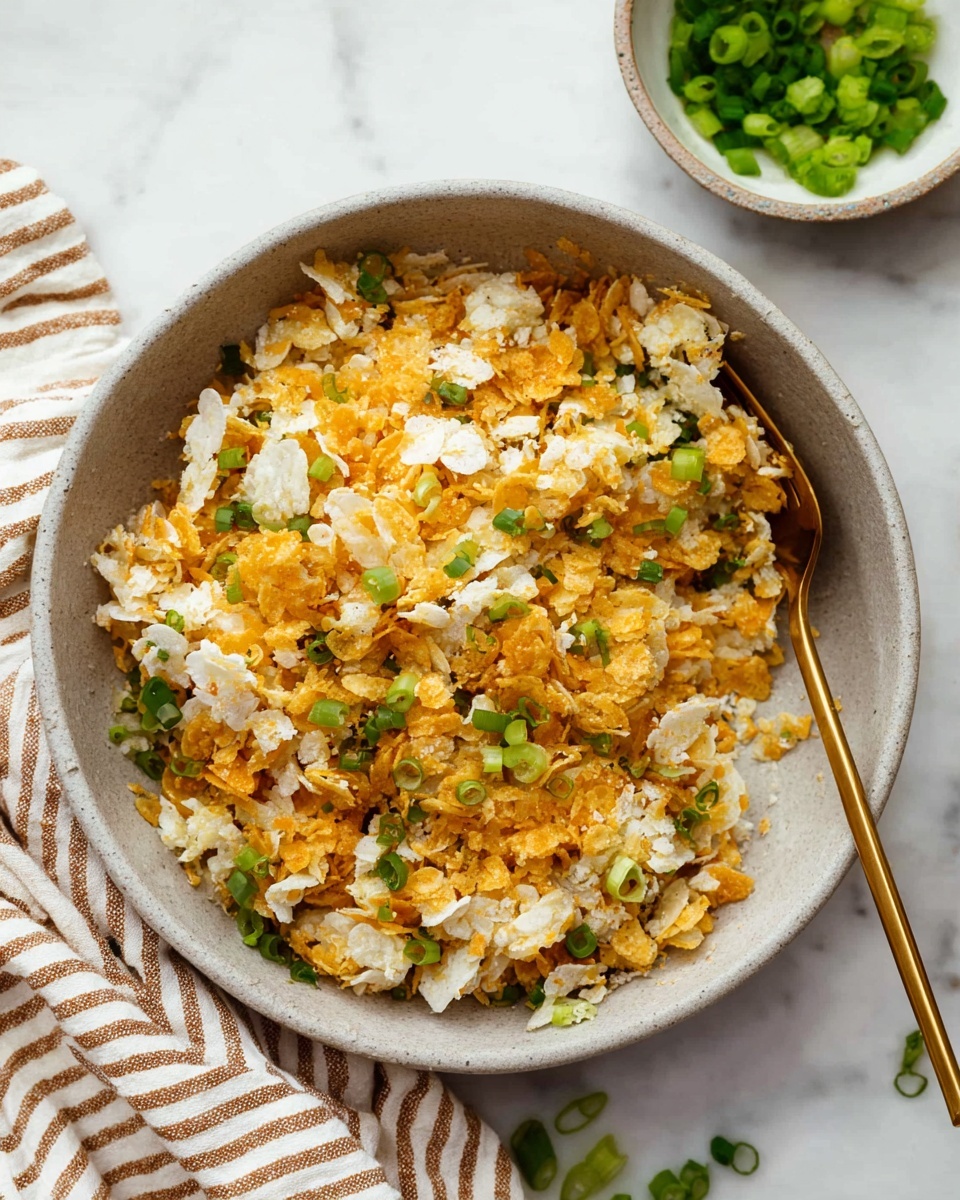 A light grey bowl sits on a white marbled surface, filled with a mix of white and golden crunchy layers that look like crushed corn flakes and soft shredded white cheese, sprinkled with small pieces of green scallions. A golden fork rests inside the bowl on the right side, partially buried in the mix. In the background, there is a small white bowl with more chopped green scallions. A cream and brown striped cloth is positioned at the bottom left corner of the bowl. photo taken with an iphone --ar 4:5 --v 7