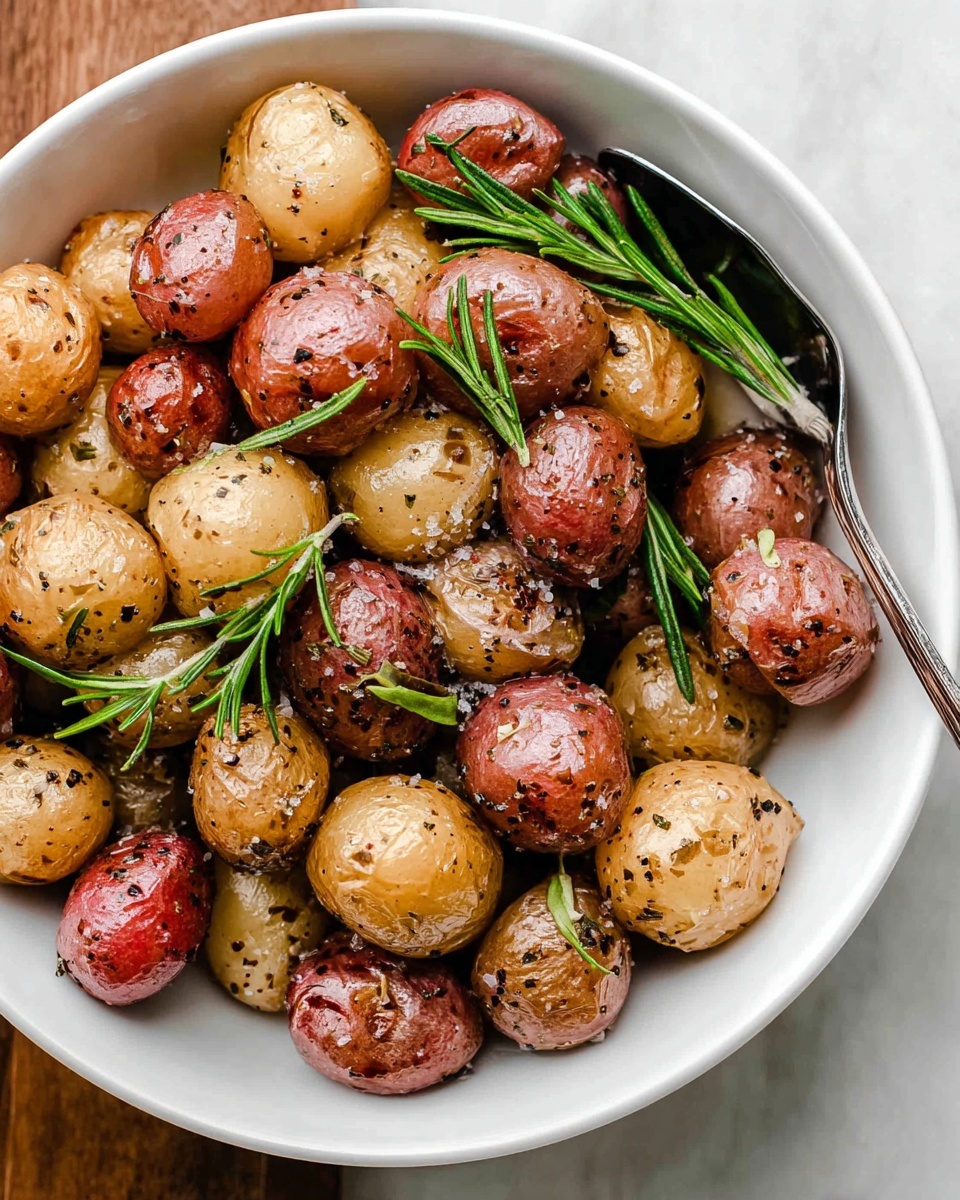 A baking tray lined with white parchment paper holds one layer of small roasted potatoes in two color types: reddish and golden brown. The potatoes have shiny skins with a slightly wrinkled texture, coated with oil and small bits of roasted garlic and herbs scattered throughout. The tray is placed on a white marbled surface with some oil drips adding a light gleam around the potatoes. photo taken with an iphone --ar 4:5 --v 7