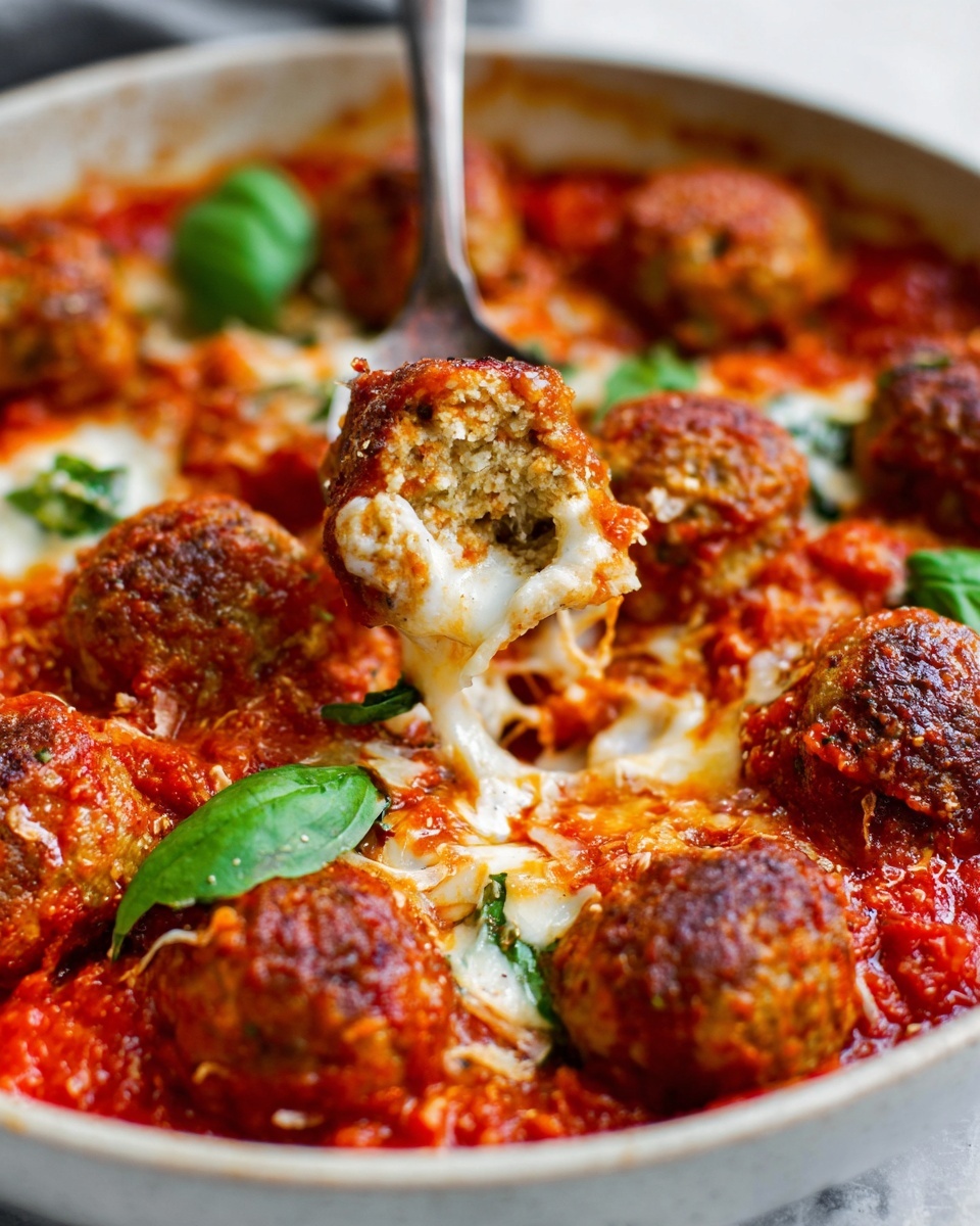 The dish shows about ten round, golden-brown meatballs with a crispy textured outside. They are placed on a thick layer of bright red tomato sauce with visible chunks. Under the meatballs, melted white cheese peeks through, stretching slightly as a spoon with a metallic texture lifts one meatball, revealing the gooey inside. Around the meatballs, there are green basil leaves adding a fresh touch. The dish is presented in a white bowl with a white marbled surface in the background. Photo taken with an iphone --ar 4:5 --v 7