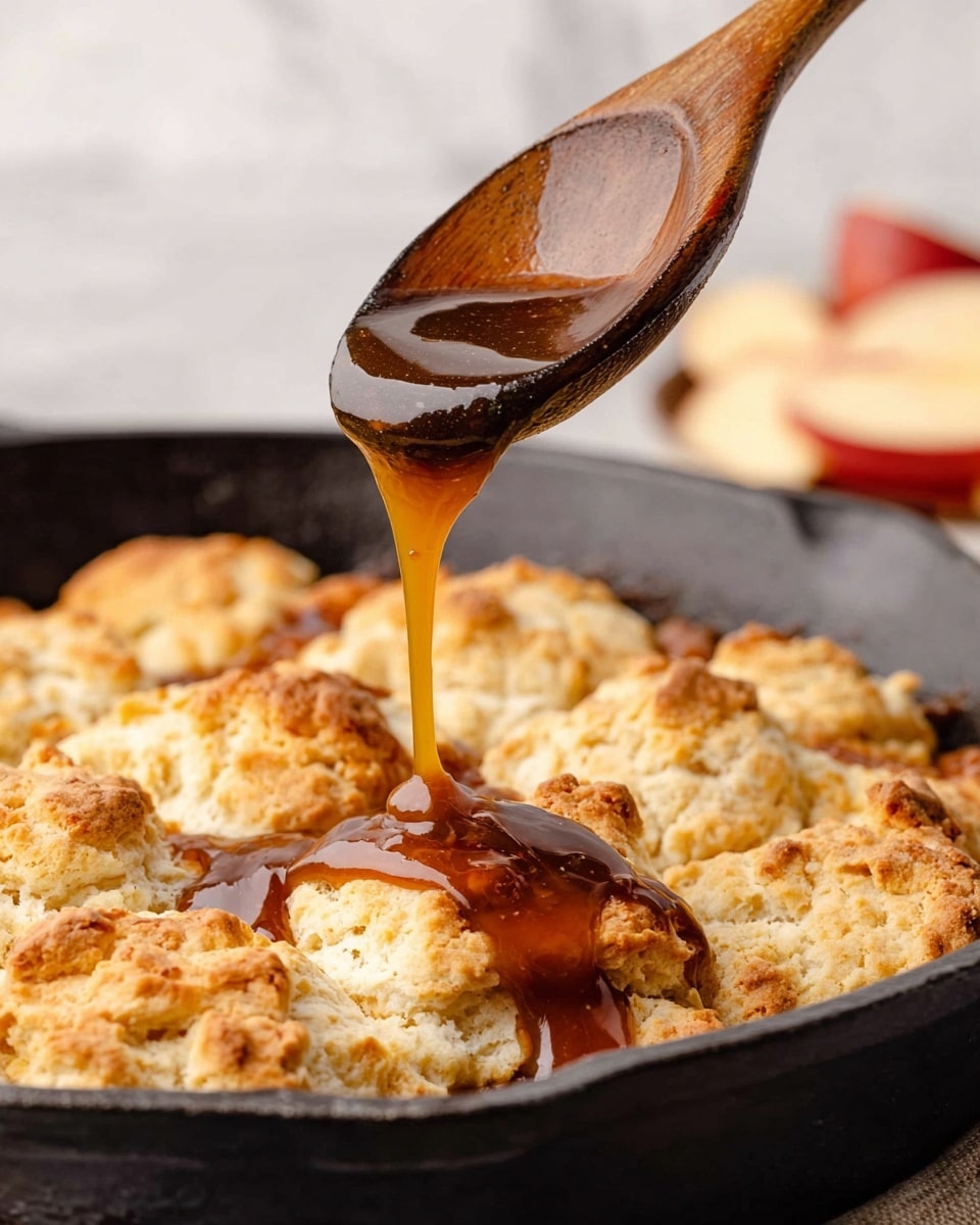 A black skillet holds a golden brown biscuit-like crust with a rough, uneven top showing a soft, flaky texture in several pieces. A wooden spoon is held above the skillet, pouring a thick, shiny caramel sauce that flows smoothly onto the crust. The background has a white marbled texture, with blurred slices of red and white fruit visible on the side. The warm hues of the caramel and biscuit contrast with the dark pan for a cozy, inviting look. photo taken with an iphone --ar 4:5 --v 7