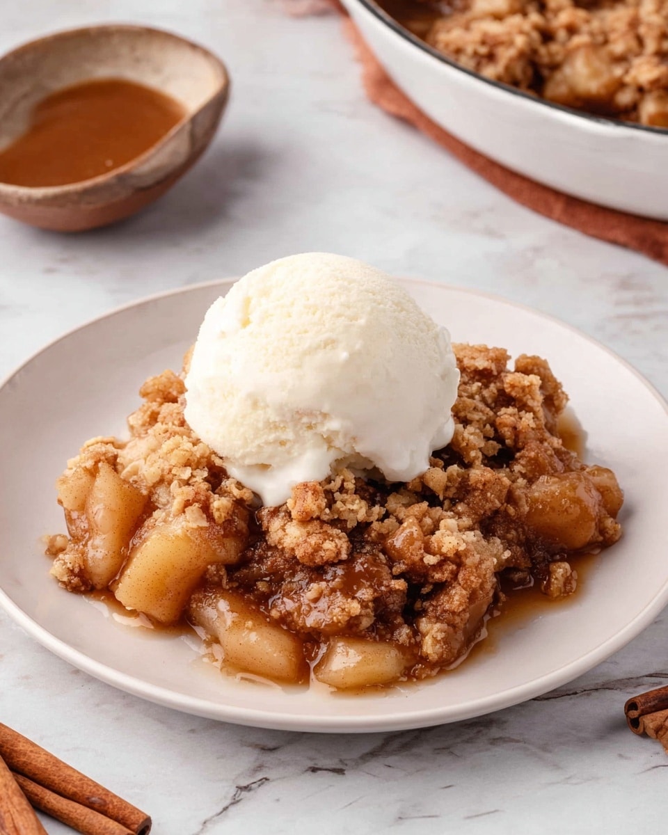 A small mound of apple crumble sits on a white plate, featuring a bottom layer of soft, warm cinnamon-spiced apple chunks in shades of golden brown and light caramel, mixed with slightly crunchy, crumbly topping that is a mix of light beige and golden-brown pieces. On top of the crumble, there is a round scoop of smooth, creamy vanilla ice cream in bright white, slightly melting and draping over the crumble edges. The plate rests on a white marbled surface, with a few cinnamon sticks placed nearby, and a bowl with caramel sauce partially in view on the side. Photo taken with an iphone --ar 4:5 --v 7
