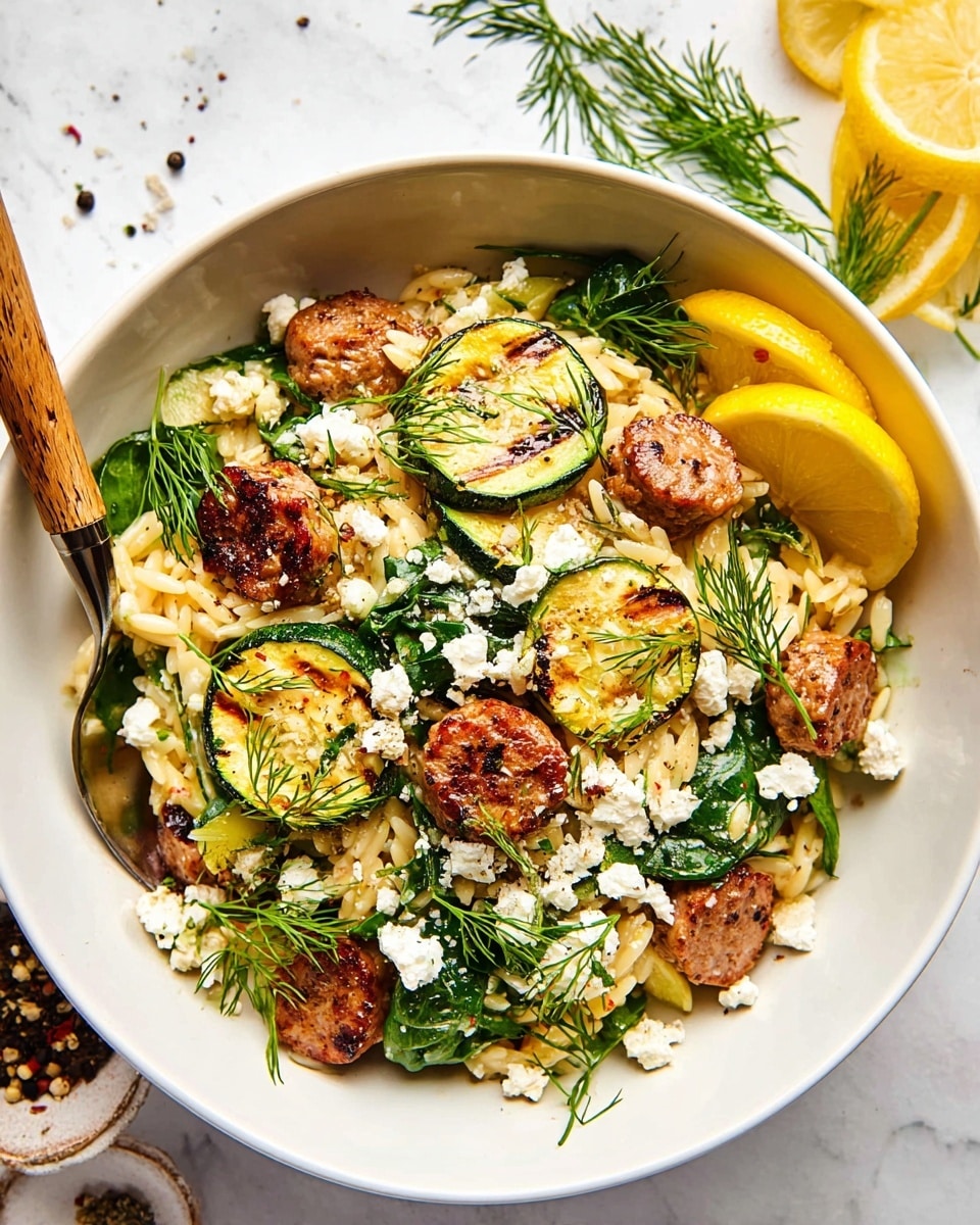 This dish is shown in a white pot with a light beige inside lining, filled with several layers. The bottom layer is small, pale yellow orzo pasta spread evenly. On top, there are round, golden brown sausage slices mixed with bright green sautéed zucchini slices and wilted spinach leaves. Crumbled white feta cheese is scattered on the dish, adding texture. Fresh dill and black pepper are sprinkled over everything, giving pops of green and dark specks. Lemon wedges sit on one side of the pot, bright yellow with green dill sprigs around them. In the corner, a small white bowl holds more crumbled feta cheese over a white marbled surface. The whole scene is bright and fresh, photo taken with an iphone --ar 4:5 --v 7