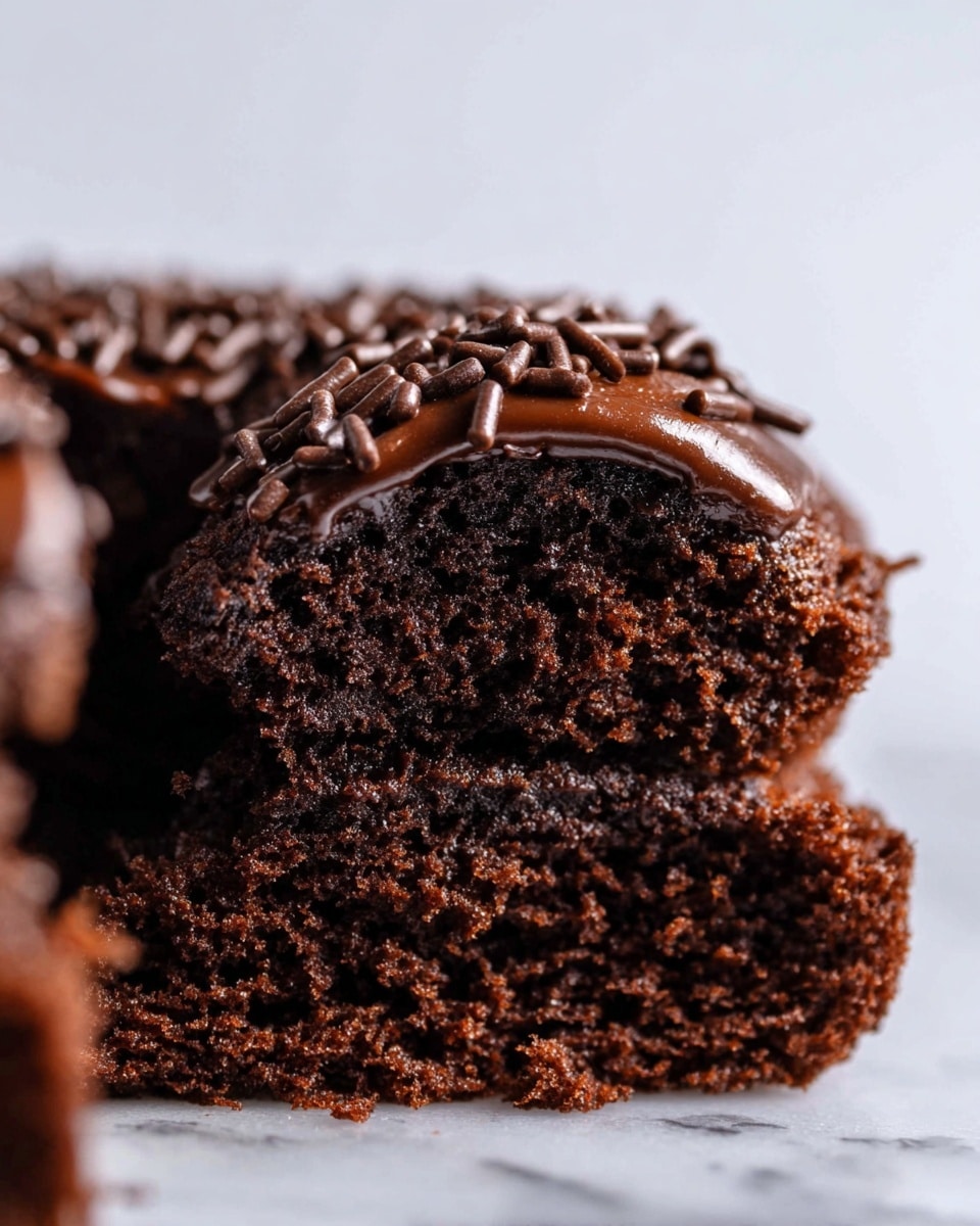 A close-up view of a rich chocolate cake with a dark brown, moist texture. The cake has two visible layers: the bottom layer is dense and crumbly, while the top layer is covered with smooth, shiny chocolate frosting sprinkled with small, cylindrical chocolate sprinkles. One piece from the cake sits on top showing the soft, airy inside contrasted by the glossy frosting. The background is a white marbled texture, highlighting the dark colors of the cake. photo taken with an iphone --ar 4:5 --v 7