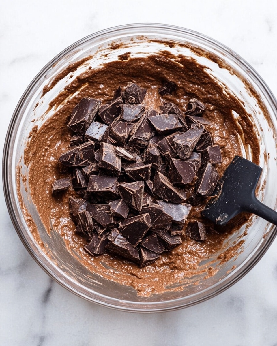 A clear glass bowl sits on a white marbled surface, filled with a thick, smooth chocolate batter that has a slightly lumpy texture. On top of the batter lies a generous layer of large, uneven dark chocolate chunks, some glossy and others matte. A black spatula with some batter on it is partially submerged in the mixture on the right side of the bowl. The batter is spread evenly in the bowl, with some smudges on the sides. photo taken with an iphone --ar 4:5 --v 7