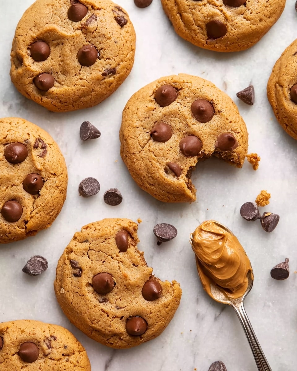 A stack of three cookie halves is shown on a white marbled surface, each piece revealing thick layers of melted dark chocolate chunks inside the golden-brown cookie dough. The top cookie half is oozing rich chocolate that drips slightly. In front of the stack, there is a metal knife with creamy peanut butter spread on the white marbled surface. The background is soft and blurry with light, warm tones. The scene looks warm and inviting, with a close-up focus on the texture of the cookies and chocolate photo taken with an iphone --ar 4:5 --v 7