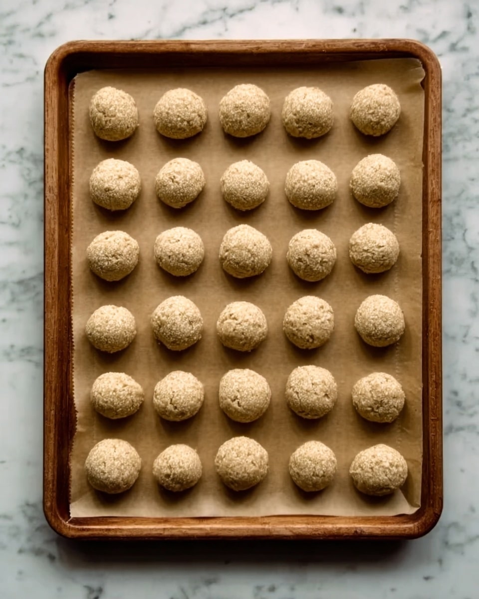 The image shows a baking tray with 27 round dough balls placed in neat rows on a brown parchment paper sheet. Each dough ball is light beige with a rough texture, and they are evenly spaced to fill the tray. The tray is on a white marbled surface. There are no other items in the scene. photo taken with an iphone --ar 4:5 --v 7
