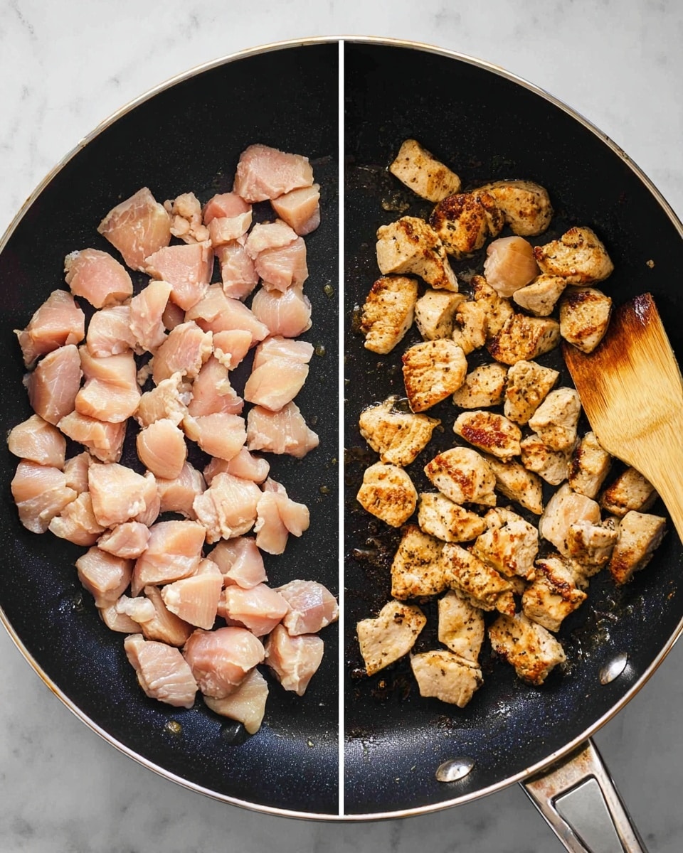 Chicken Parmesan Casserole Recipe 4 This image shows two side-by-side views of a black frying pan with a silver edge on a white marbled surface. On the left side, raw chicken pieces are spread across the pan, light pink with smooth texture and some small white fat bits. On the right side, the same chicken pieces are cooked, turned golden brown with some darker seared spots and a slightly rough texture. A wooden spatula is visible in the bottom right corner of the right pan, resting against the cooked chicken pieces. photo taken with an iphone --ar 4:5 --v 7