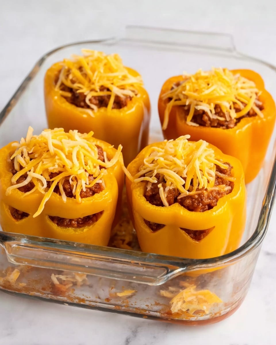 The image shows four yellow bell peppers standing upright in a clear glass baking dish on a white marbled surface. Each pepper is hollowed out and filled with a cooked mixture of ground meat and sauce, with the top opening filled with a generous layer of shredded orange cheddar cheese. The peppers have a triangular pattern carved near the bottom edges. Some cheese strands are spilling slightly over the sides. The light shines evenly, highlighting the shiny texture of the peppers and the melted sauce inside. Photo taken with an iphone --ar 4:5 --v 7