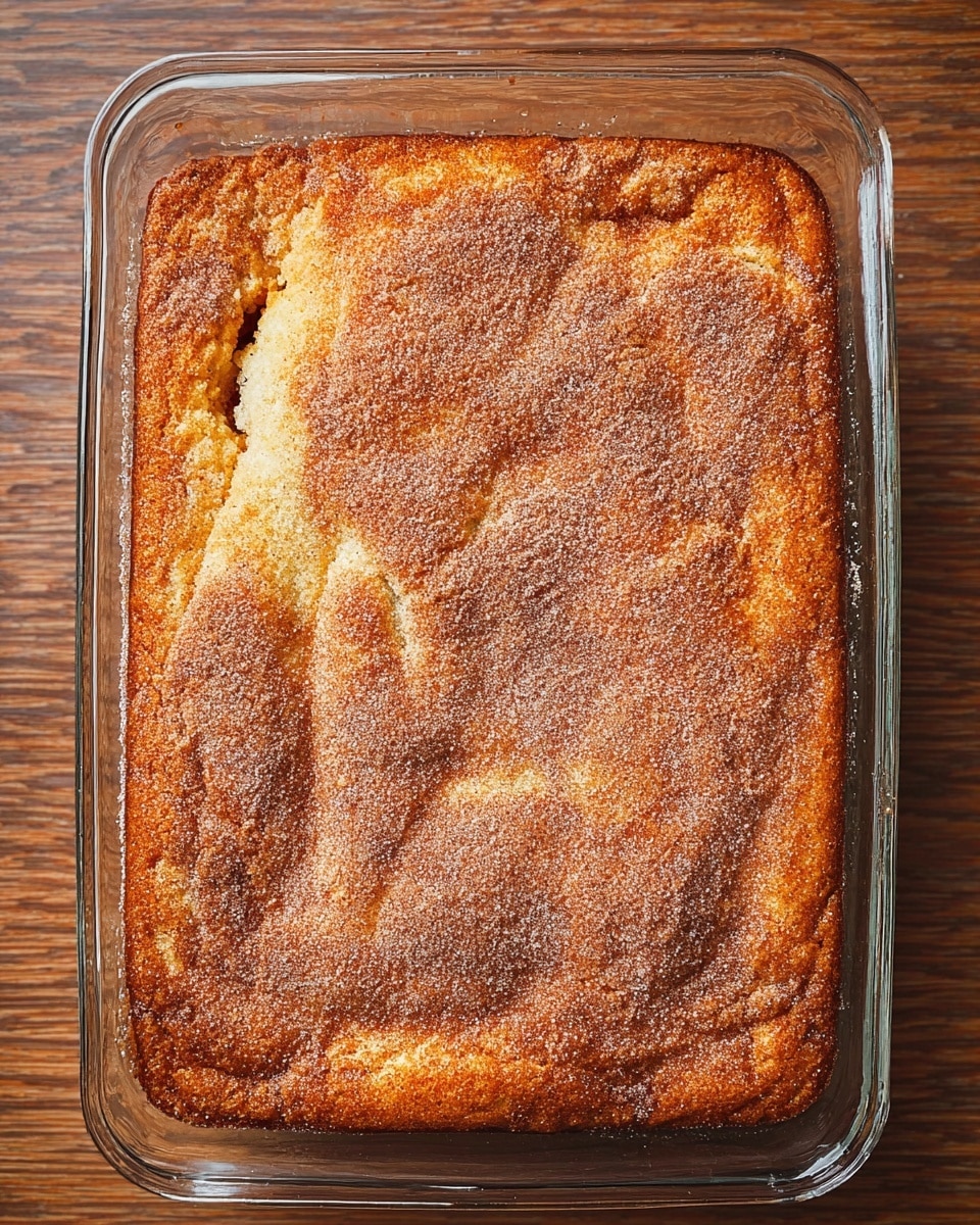 A golden brown baked dessert in a clear glass rectangular baking dish sits on a white marbled surface. The top layer is covered with a light sprinkling of cinnamon sugar, giving it a slightly rough texture. The dessert has a soft, slightly uneven surface with a visible crack near the top left corner where a darker filling slightly peeks through. The edges are gently rounded, and the dessert looks fluffy and moist inside, with a warm tone throughout. Photo taken with an iphone --ar 4:5 --v 7