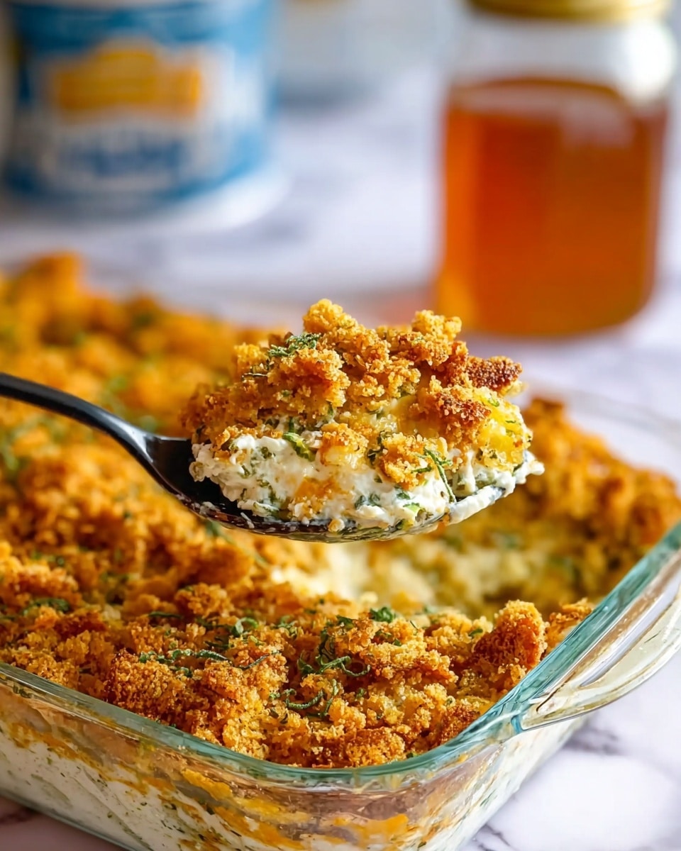 The image shows a clear glass baking dish filled with a baked casserole topped with a golden-brown crumb layer that looks crunchy and slightly uneven, with small green herb pieces scattered on top. A black spoon lifts a serving from the dish, revealing a creamier, white layer beneath the crisp topping mixed with bits of the crumb, with some crispy crumb pieces clinging to the spoon. The background includes a blurry glass jar containing a light amber liquid and a container with blue text, all set on a white marbled surface. A woman's hand holds the black spoon lifting the food from the baking dish. Photo taken with an iphone --ar 4:5 --v 7