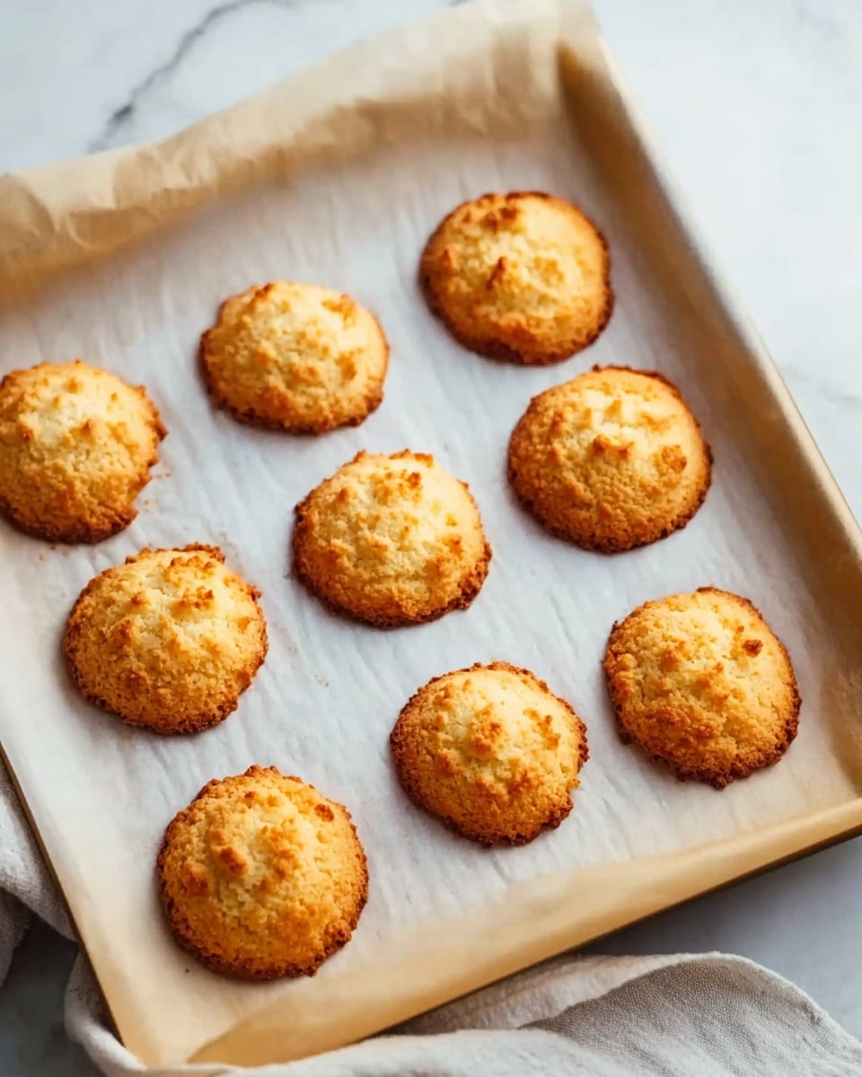 Coconut Macaroons Recipe 4 The image shows a baking tray lined with white parchment paper holding nine small round cookies, each with a rough, slightly bumpy surface and a golden-brown color. The cookies are arranged in neat rows on the tray. The edges of the cookies appear slightly darker, indicating a crispy texture, while the center is lighter and softer looking. The tray is placed over a white marbled surface with a light-colored cloth partially visible on the side. Photo taken with an iphone --ar 4:5 --v 7