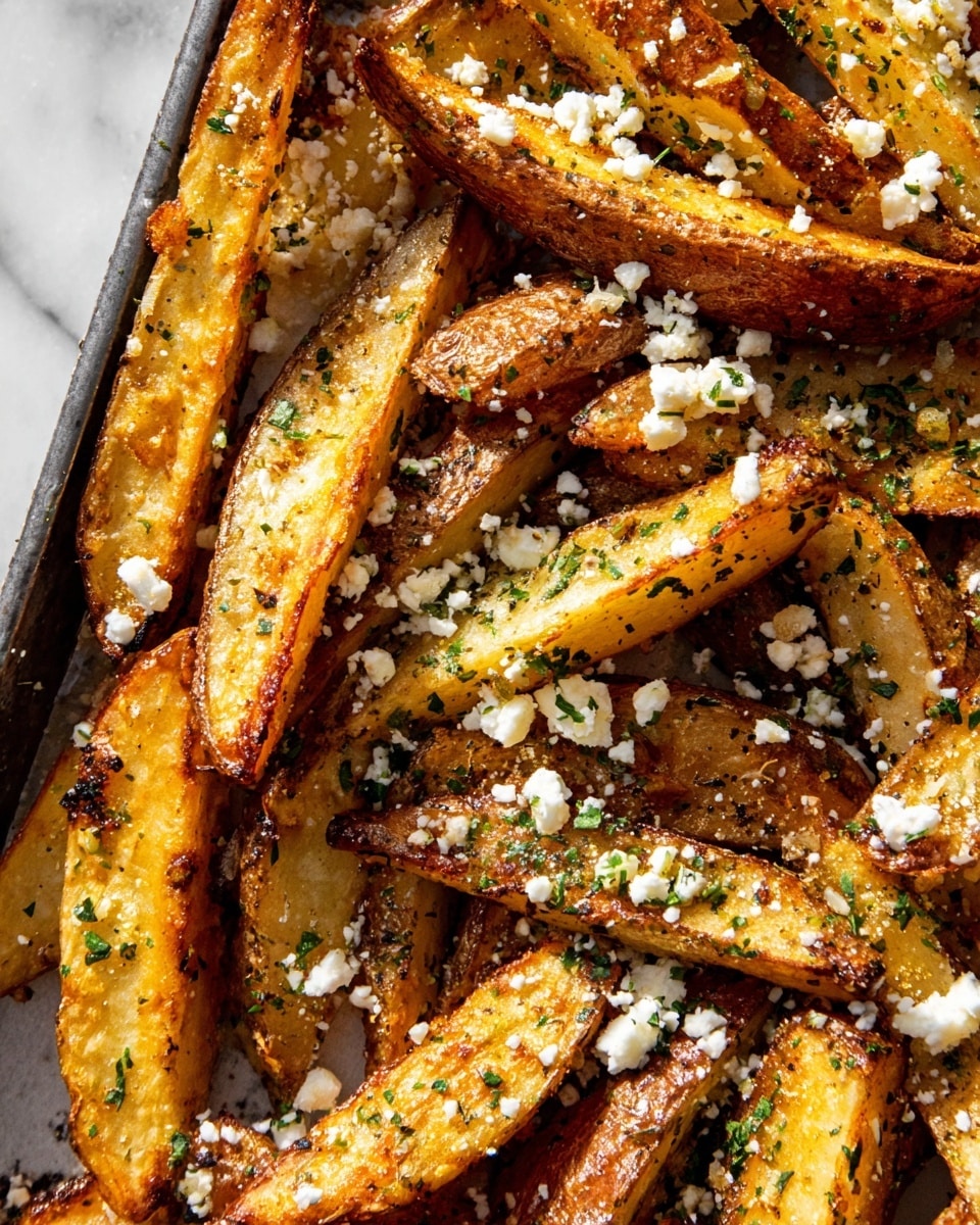 Greek Chicken Skewers with Feta Fries Recipe 5 A close-up view of a tray filled with golden brown potato wedges that have a crispy texture on the edges and soft inside. The wedges are sprinkled with small white crumbles of cheese and finely chopped green herbs scattered evenly over the top. The light shines on the wedges, showing a mix of light yellow and deep brown colors, highlighting their roasted finish. The tray sits on a white marbled surface. photo taken with an iphone --ar 4:5 --v 7