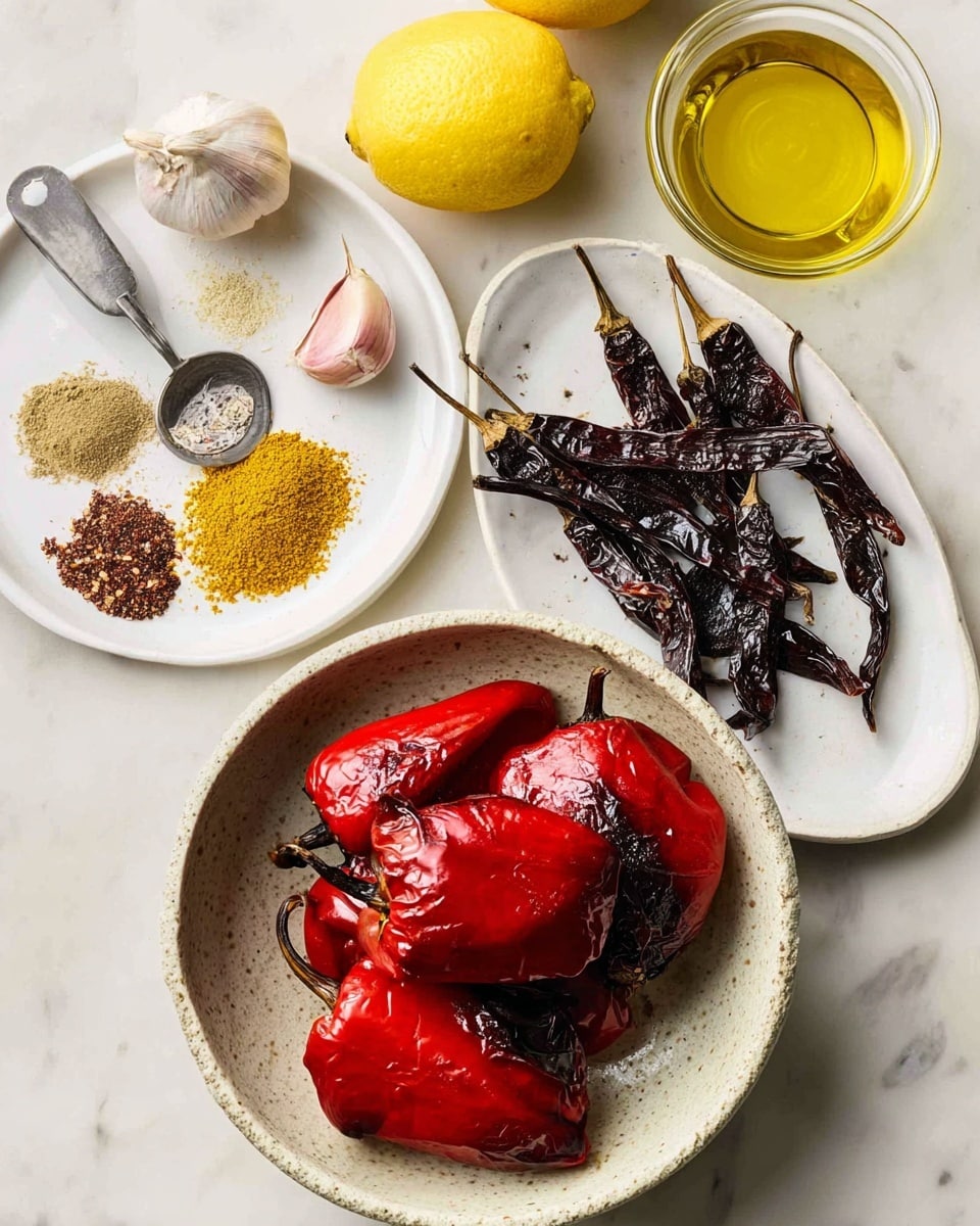 The image shows a white speckled bowl filled with three large red roasted peppers with some dark char marks on top, placed at the bottom center. Behind it to the right, there is a white plate holding six whole dark dried chilies with their light brown stems still attached. To the left, a smaller white plate holds scattered spices piled into small mounds showing light brown, yellow-green, and white powders, along with cumin seeds and metal measuring spoons sized 1 tablespoon, 1 teaspoon, and 1/2 teaspoon resting on the plate. Above, two bright yellow lemons and a garlic bulb with cloves are placed on a white marbled surface. In the top right corner, there is a small glass bowl filled with golden olive oil. photo taken with an iphone --ar 4:5 --v 7
