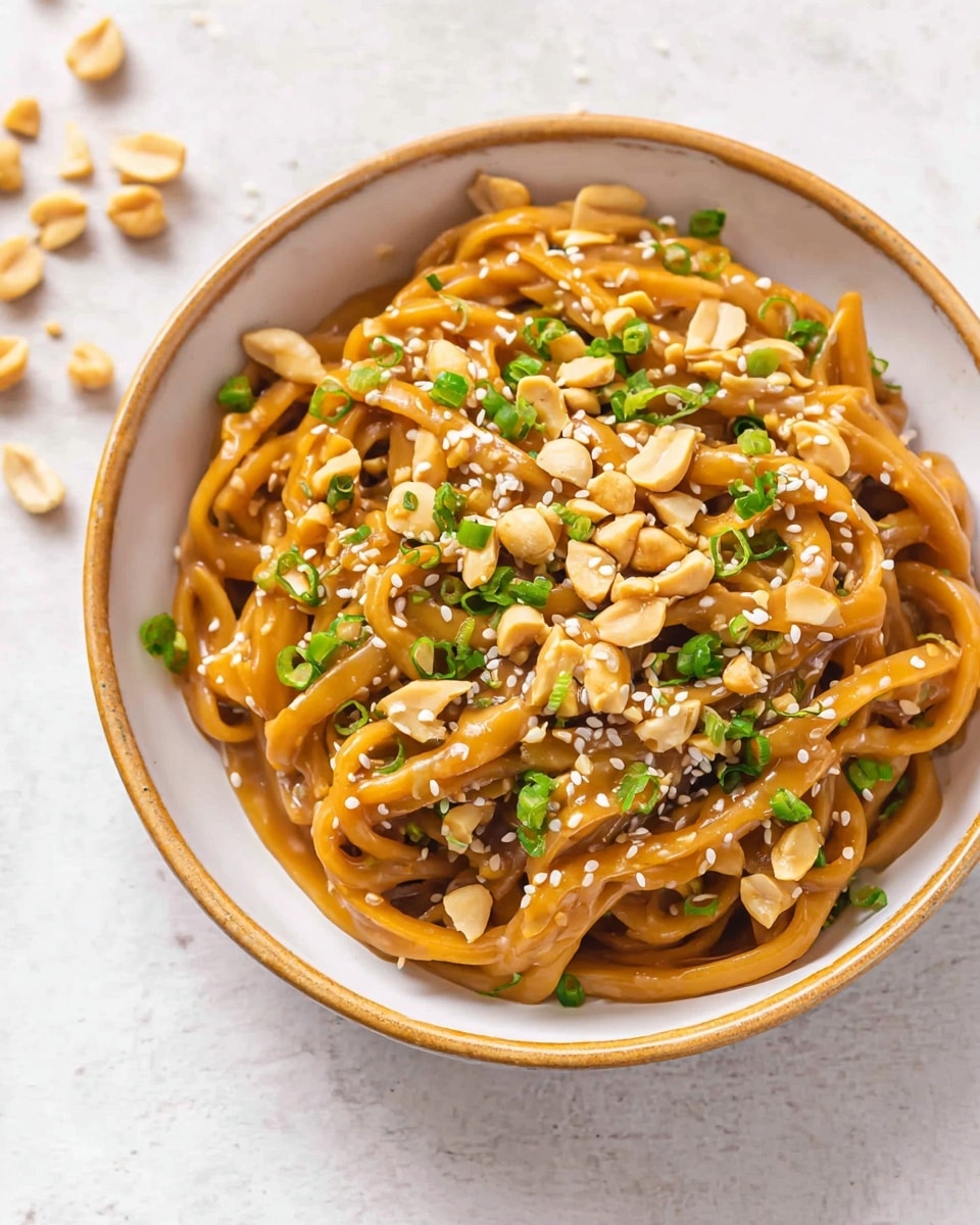 Thai Peanut Sesame Noodles Recipe 5 A white bowl filled with thick, glossy brown noodles in a tangled pile, topped with light tan peanuts scattered unevenly on top, white sesame seeds sprinkled over the noodles, and small pieces of bright green chopped scallions spread across the dish. The bowl sits on a white marbled surface, and in the background, there is a hint of a green and white checkered cloth with uncooked yellow pasta sticks. Photo taken with an iphone --ar 4:5 --v 7