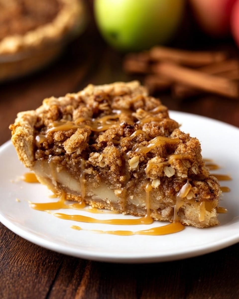 The image shows a partially sliced apple crumble pie on a round metal tray. The pie has three visible layers: a golden-brown thin crust at the bottom, a thick layer of cooked apple slices with a slightly caramelized look in the middle, and a crumbly, textured brown oat topping sprinkled evenly over the apples. Caramel sauce is drizzled over the crumble layer, adding a glossy finish. Around the pie, there are two glasses of milk with red star designs and a container of yellow vanilla ice cream in the background. The scene is set on a white marbled surface with a folded striped cloth nearby. Photo taken with an iphone --ar 4:5 --v 7