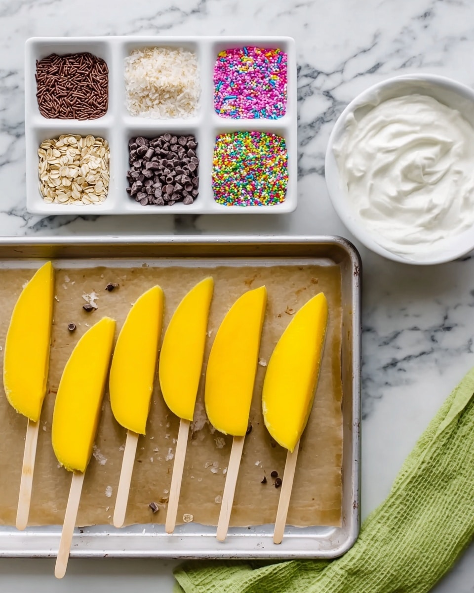 In this image, there are slices of bright yellow mango on wooden sticks, arranged in two rows on a baking tray lined with parchment paper. Above the tray, on the left, is a white tray with six compartments filled with different toppings: brown chocolate sprinkles, light brown oats, white shredded coconut, pink, green, yellow, purple, and blue rainbow sprinkles, and tiny dark brown chocolate chips. To the right of the white tray, there is a white bowl filled with thick white yogurt, placed on a folded green towel. The background and surface are white marble. Photo taken with an iphone --ar 4:5 --v 7