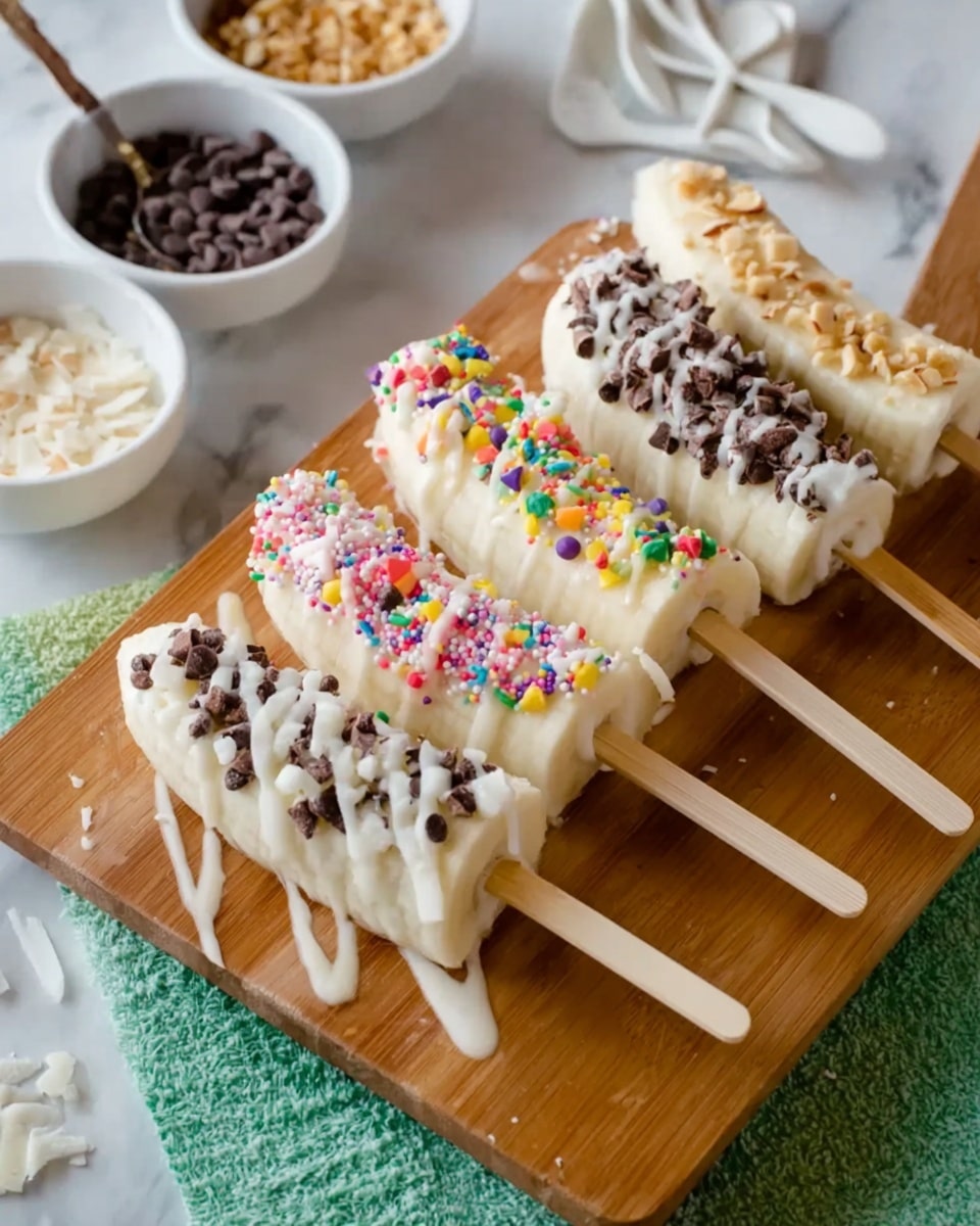 There are seven frozen banana slices on wooden sticks laid out on a white plate with a white marbled surface underneath. Each banana slice is coated with white yogurt or chocolate and decorated differently: two have colorful rainbow sprinkles, one is covered with shredded coconut, one has small chocolate chips, one is topped with oats, one has sliced almonds, and the last one has dark chocolate sprinkles. The bananas are neatly arranged in two rows, with all sticks aligned in the same direction, and the plate is partly on a green textured cloth. photo taken with an iphone --ar 4:5 --v 7