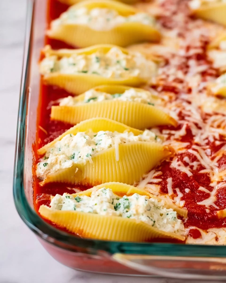 The image shows a clear glass baking dish filled with stuffed pasta shells arranged in a row. Each shell is filled with a creamy white mixture with small green herb bits visible inside. The shells are yellow with ridged edges. The pasta sits on a bright red tomato sauce that lines the bottom of the dish and spreads up the sides. There is a layer of melted white cheese on top of some pasta shells and sauce, with some cheese melting into the sauce. The dish is placed on a white marbled surface. Photo taken with an iphone --ar 4:5 --v 7