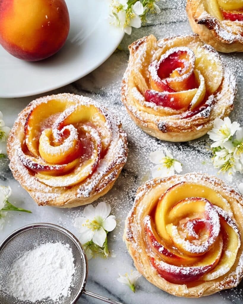 Fresh Peach Dessert with Mascarpone and Puff Pastry Roses Recipe