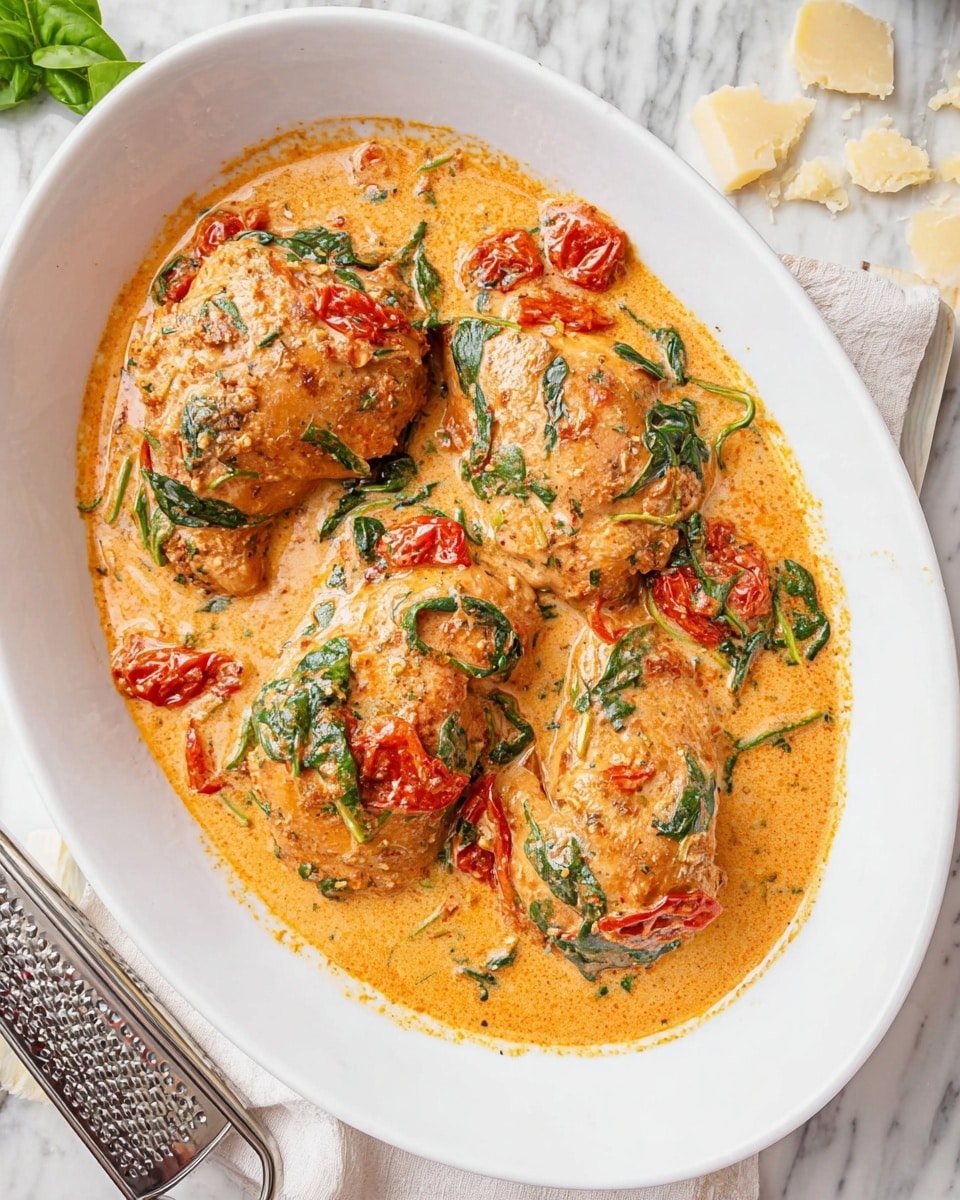 The dish is served in a white oval plate with four large pieces of cooked chicken covered in a creamy orange sauce. The sauce has a smooth texture with visible herbs and spices mixed in. Scattered evenly throughout the sauce are bright red roasted tomatoes and fresh green spinach leaves, adding contrast and color. The chicken pieces are placed somewhat spaced apart in the center of the plate, with the sauce filling the gaps around them. Around the plate, there are small pieces of cheese and a metal grater on a white marbled surface. Photo taken with an iphone --ar 4:5 --v 7