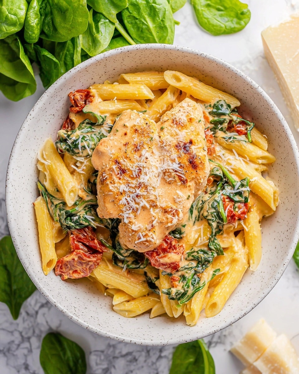 A white speckled bowl filled with three layers: the bottom layer is yellow penne pasta, the middle layer has wilted green spinach leaves and roasted red tomatoes scattered throughout, and the top layer is a creamy orange sauce-covered piece of chicken placed in the center, garnished with finely grated cheese sprinkled over the whole dish. The bowl sits on a white marbled surface with fresh spinach leaves above and chunks of Parmesan cheese on the lower right. photo taken with an iphone --ar 4:5 --v 7
