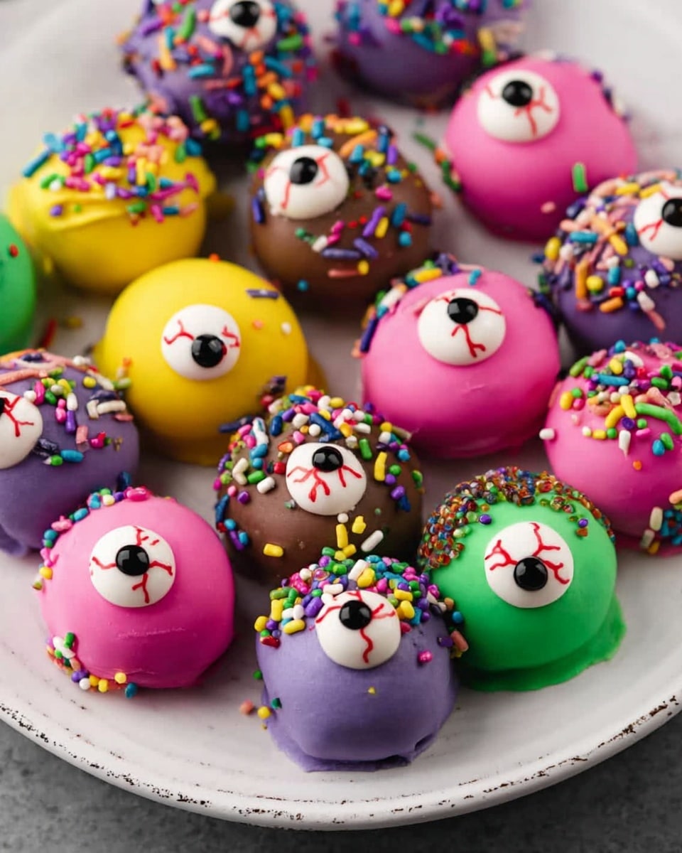 A white plate with a rough round texture filled with colorful round treats designed to look like eyeballs. Each treat has one main layer of smooth, brightly colored coating in yellow, purple, pink, green, or brown. On top of this layer, each has a candy eyeball with a white circle and a black pupil, some with red veins in the white part. Small sprinkle decorations are scattered on top in different colors and shapes, like tiny dots, rods, and balls, placed in random clusters or all over the coating. The treats cover the plate in a loose circular arrangement. The photo is taken with an iphone --ar 4:5 --v 7