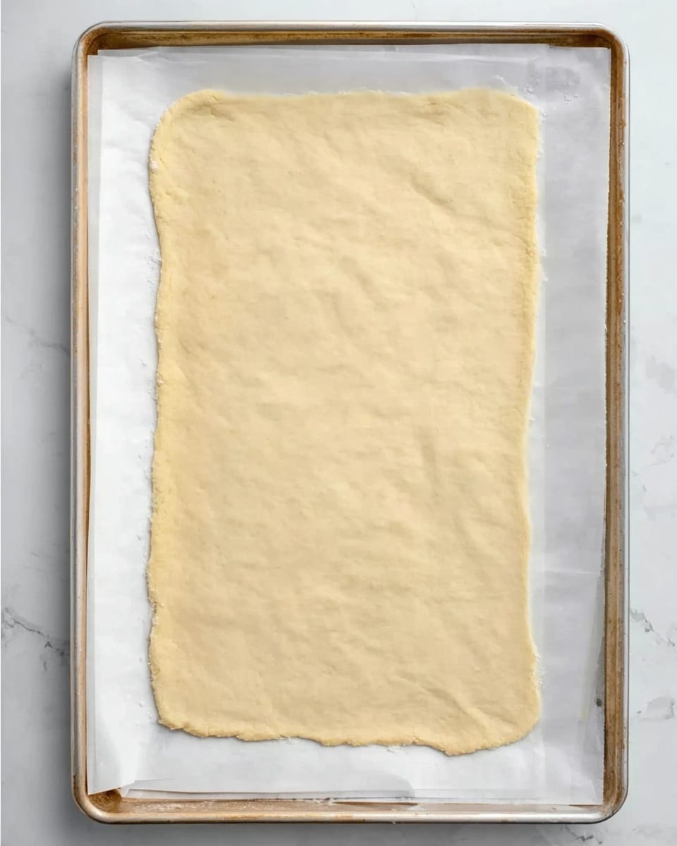 Apple Cheddar Galette Recipe 4 A rectangular sheet of light yellow dough is placed flat on white parchment paper that rests on a metal baking tray. The dough has a smooth texture with slight unevenness on the edges and a few subtle air bubbles on the surface. The setup sits on a white marbled surface with no additional objects visible around it. Photo taken with an iphone --ar 4:5 --v 7