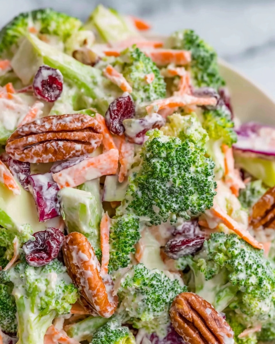 Broccoli Salad with Creamy Lemon Dressing Recipe 5 This image shows a close-up of a creamy broccoli salad with several layers of colors and textures. The base layer is soft pale green broccoli florets with some white stalks. Mixed through the broccoli are slivers of bright orange shredded carrots, adding a thin, crunchy texture. There are also small pieces of reddish-purple dried cranberries scattered throughout, adding color contrast and a chewy look. Light brown pecans with a rough surface texture are visible next to the other ingredients, adding a nutty element. All the ingredients are coated in a smooth white creamy dressing that covers parts of the vegetables and nuts. The salad is placed on a white plate on a white marbled surface. The photo was taken with an iphone --ar 4:5 --v 7