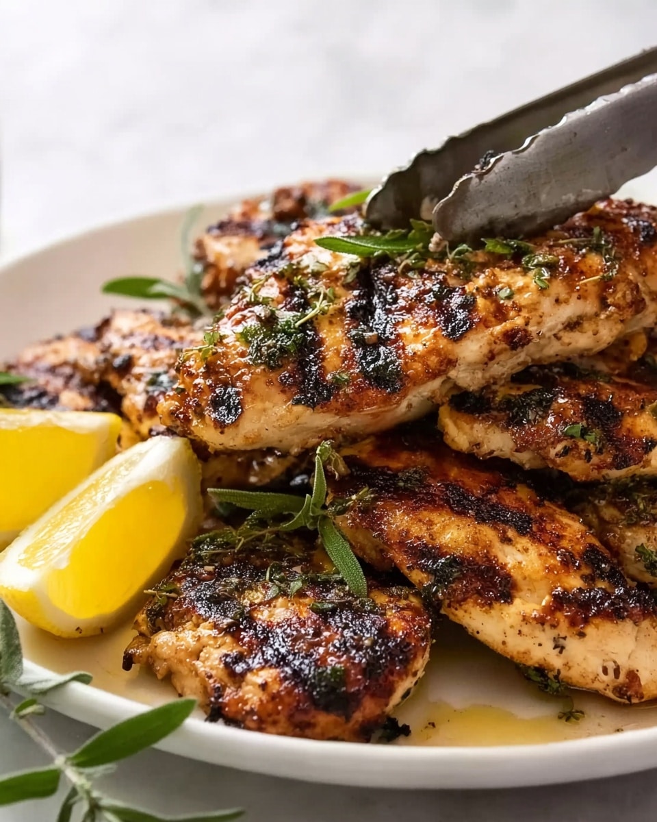 Greek Chicken Gyros with Tzatziki Recipe 4 The image shows a close-up of several grilled chicken pieces stacked on a white plate. The chicken pieces have dark grill marks and a golden-brown, slightly charred surface with a juicy texture. On top of the chicken are green herb leaves, adding fresh color contrast. Bright yellow lemon wedges are placed on the upper side of the plate. The background is a white marbled surface. A woman’s hand holding metal tongs is seen near the edge of the plate, about to pick up a piece, photo taken with an iphone --ar 4:5 --v 7