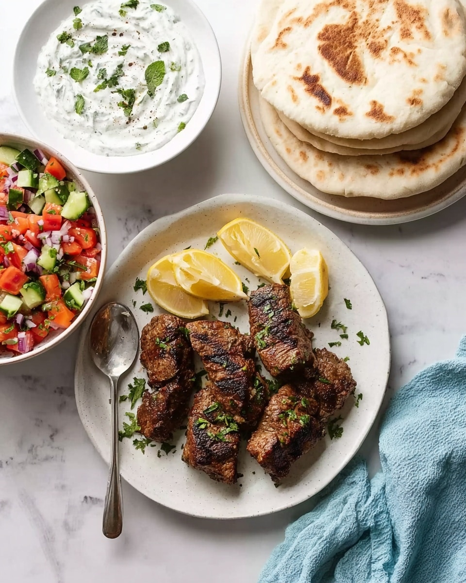 Greek Chicken Gyros with Tzatziki Recipe 5 The image shows a white plate with five grilled pieces of seasoned meat, dark brown with grill marks and a slightly crispy texture. On the top right side of the plate are two lemon wedges and some green herbs scattered around. To the upper left, there is a white bowl filled with a creamy white sauce with green herbs mixed in. Below that, a stack of three white flatbreads rests on the white marbled surface, each topped with two lemon wedges. At the bottom right, a white bowl contains a colorful chopped salad made of red tomatoes, green cucumbers, white onions, and fresh herbs, with a metal spoon inside. A light blue cloth is partially visible on the right. Photo taken with an iphone --ar 4:5 --v 7