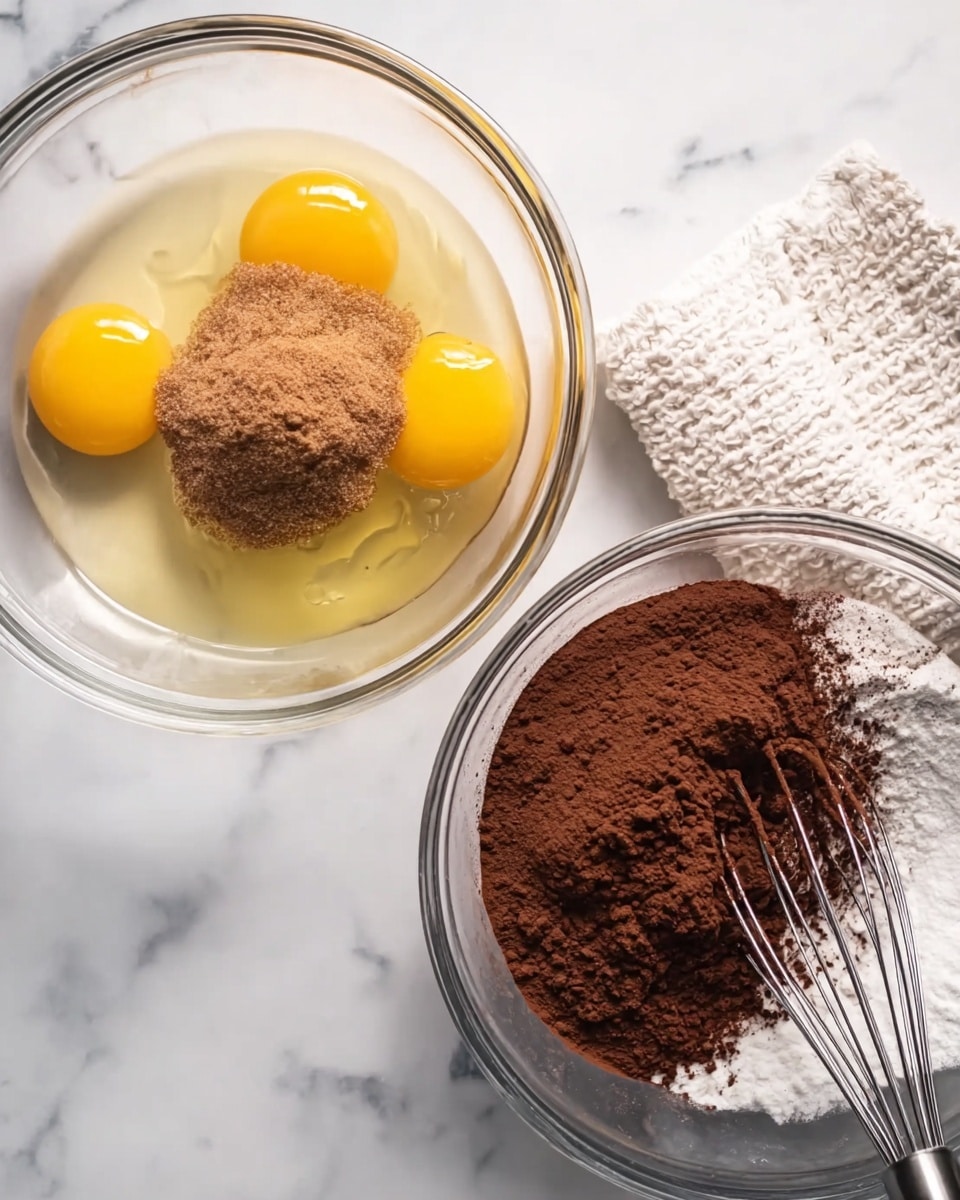 The Best Chocolate Crinkle Cookies Recipe 4 The image shows two clear glass bowls on a white marbled surface. The bowl on the left has three raw eggs, light yellow yolks visible in translucent whites, and a mound of light brown sugar on top with a smooth texture. The bowl on the right contains white flour and dark brown cocoa powder side by side, with the cocoa powder taking up about two-thirds of the bowl, and a metal whisk resting inside with its handle on the right side. A white textured cloth is partially visible behind the bowls. Photo taken with an iphone --ar 4:5 --v 7