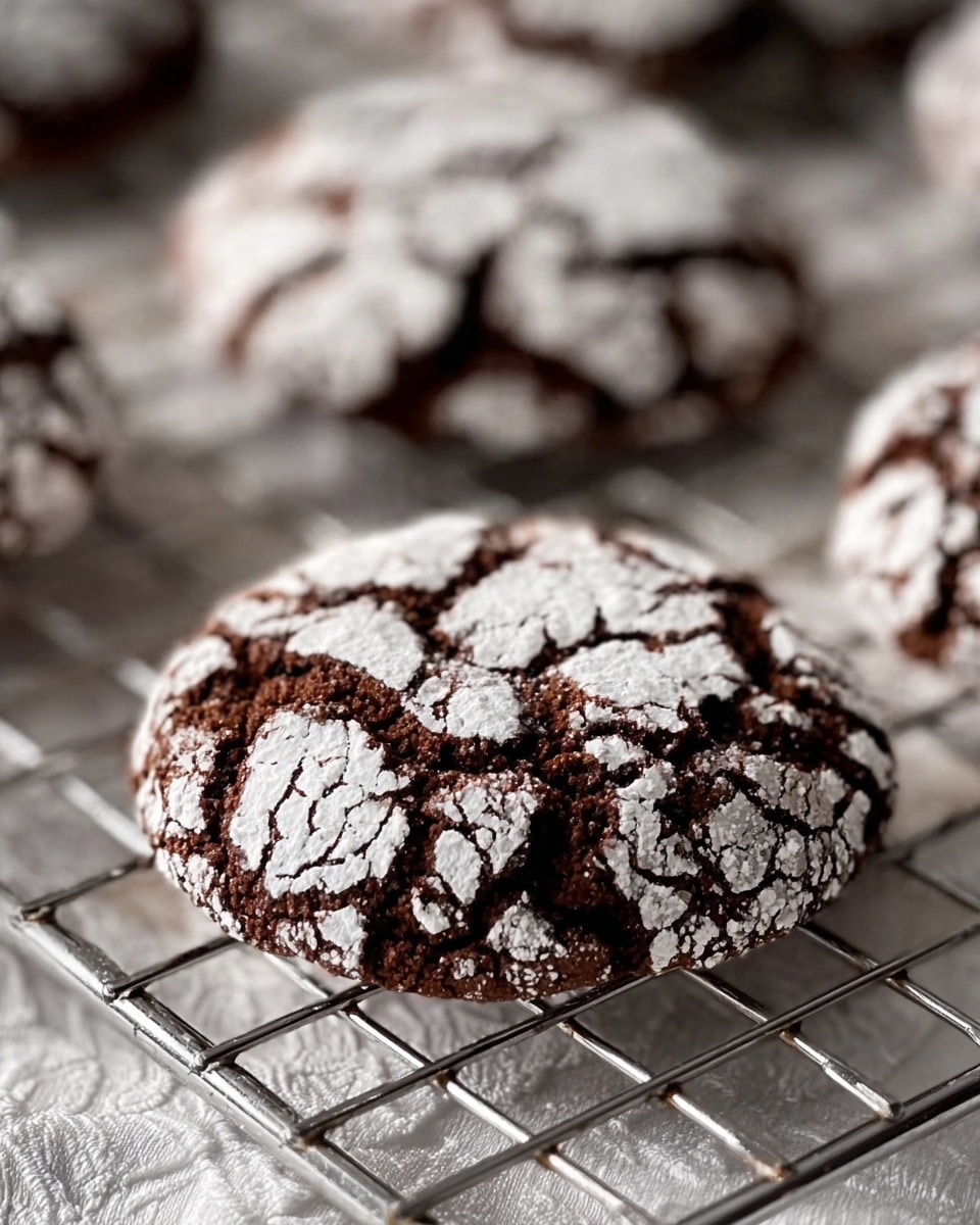 The Best Chocolate Crinkle Cookies Recipe 5 A close-up of a round chocolate cookie with a cracked surface, covered in white powdered sugar that fills the cracks and some areas on top. The cookie sits on a metal cooling rack with a grid pattern, placed over a white marbled textured cloth. In the background, more similar cookies are slightly blurred. The overall color contrast is dark brown with bright white powdered sugar. photo taken with an iphone --ar 4:5 --v 7